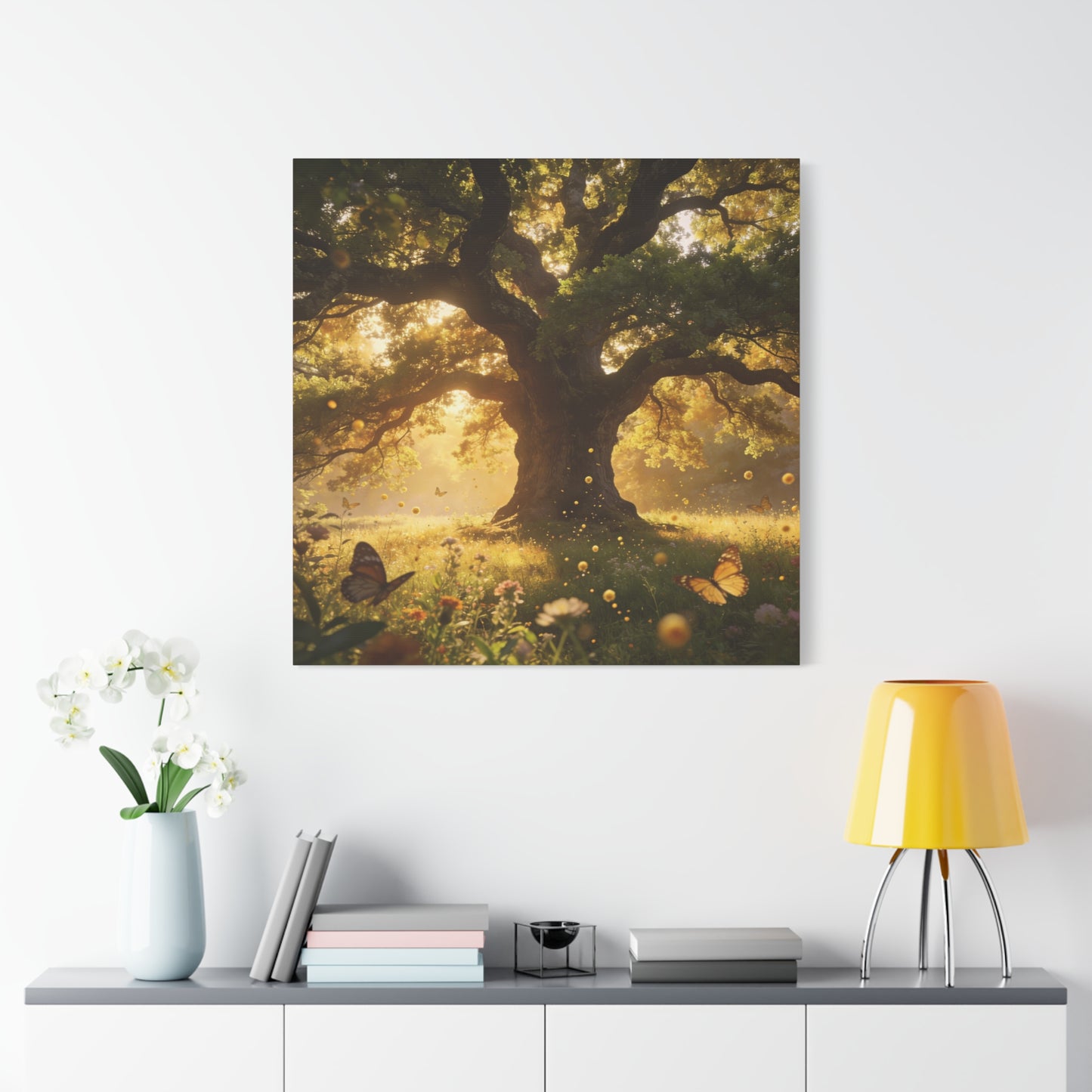 Sunlit Oak Tree Canvas Wall Art - Golden Meadow Butterflies, Nature Landscape Print - Matte Cotton Art Print, Traditional Style - Living Room Wall Decor, Bedroom Home Decoration - Ready to Hang
