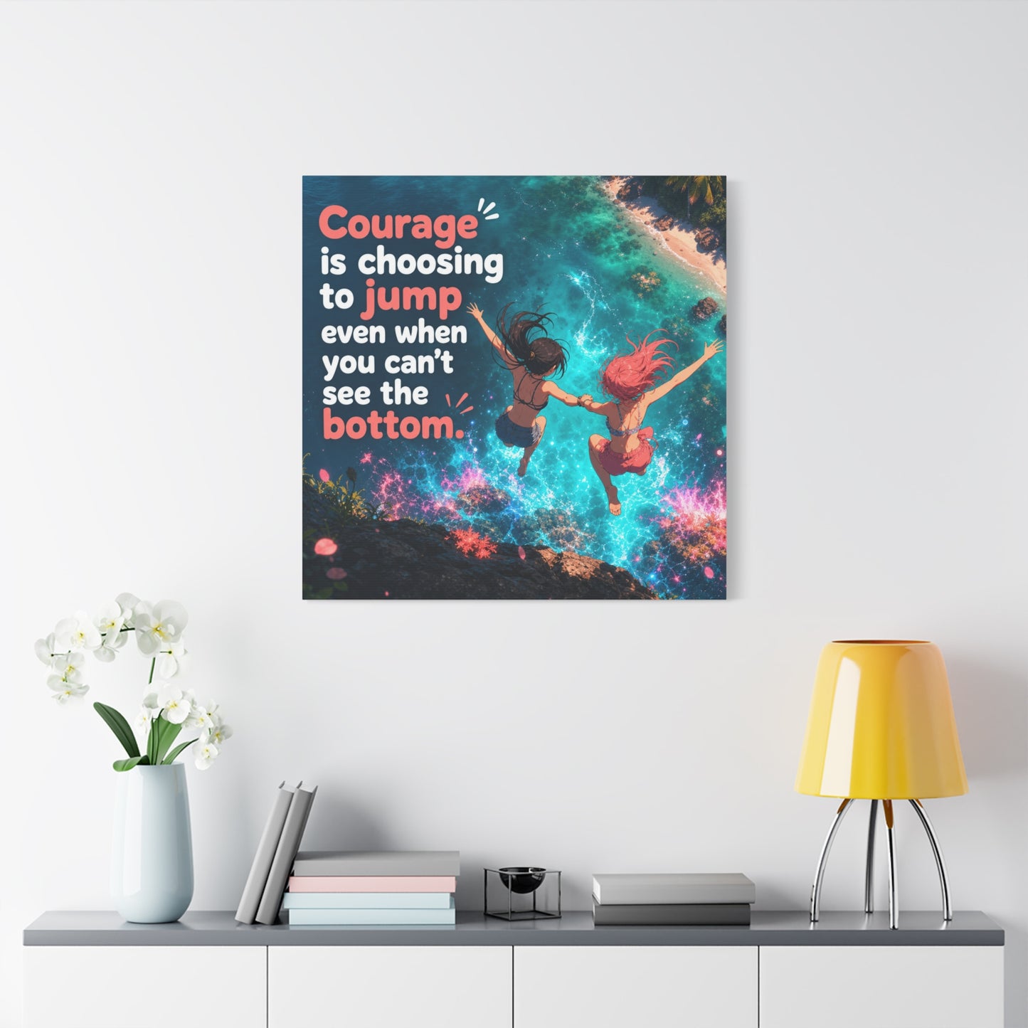 "Courage Is Choosing To Jump Even When You Can't See The Bottom" Canvas Wall Art - Coastal Quote Illustration, Inspirational Ocean Cliff Scene, Bedroom Wall Decor, Teen Space Accent - Ready to Hang