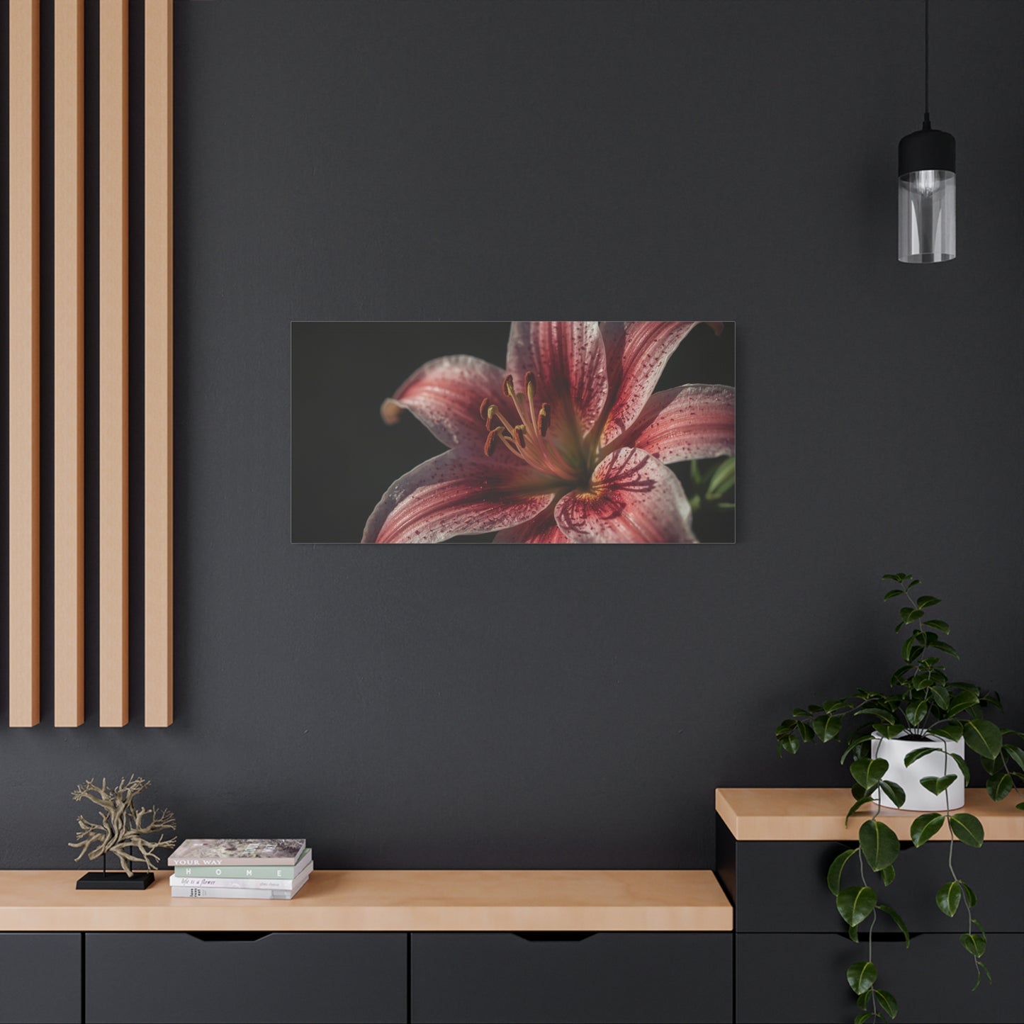 Pink Stargazer Lily Canvas Wall Art - Floral Macro Art Print, Dark Botanical Canvas Print - Matte Cotton Decor, Contemporary Style - Bedroom Wall Accent, Living Room Decoration - Ready to Hang