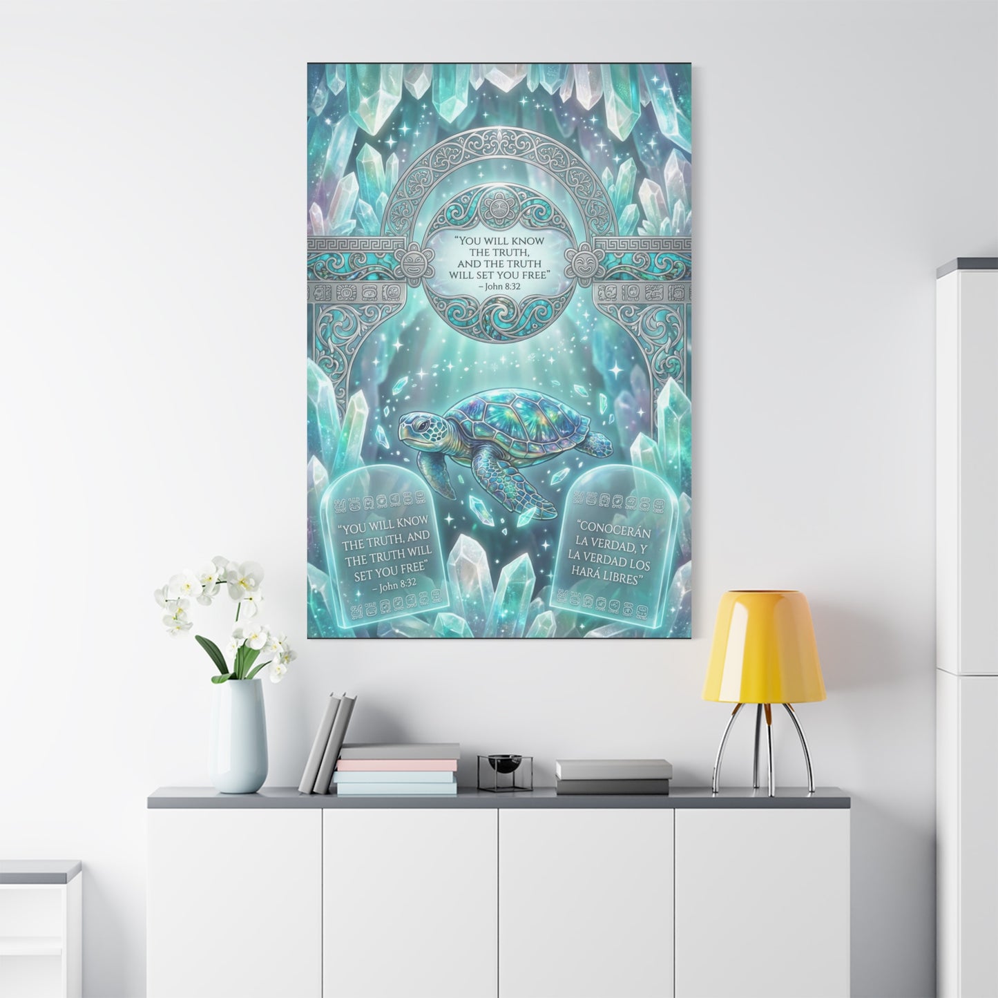 "You Will Know The Truth, And The Truth Will Set You Free" Sea Turtle Canvas Wall Art - John 8:32 Scripture Decor, Crystal Ocean Fantasy Style, Bedroom Wall Hanging, Meditation Space - Ready to Hang