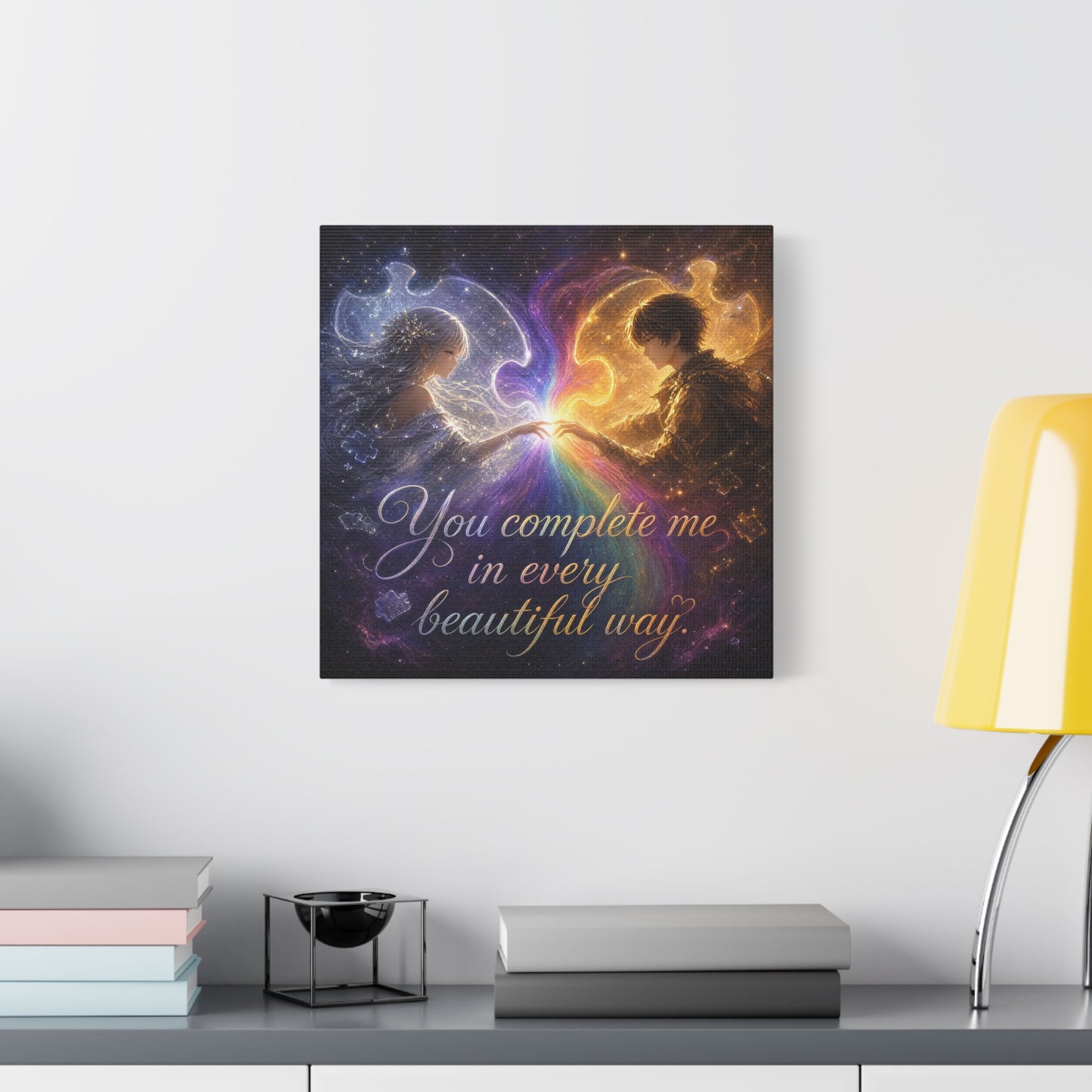 "You Complete Me In Every Beautiful Way" Romantic Couple Canvas Wall Art - Celestial Puzzle Soulmate Quote Print, Fantasy Love Decor - Bedroom Wall Hanging - Ready to Hang - Bedroom Home Decoration