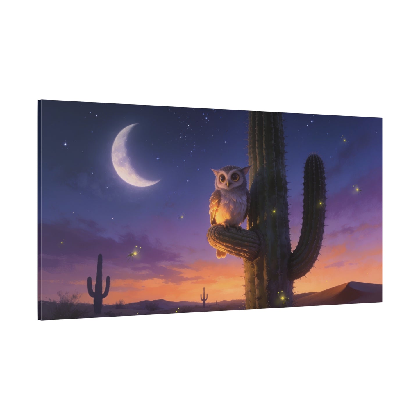 Owl On Saguaro Cactus Canvas Wall Art - Moonlit Desert Night Sky, Fireflies, Twilight Landscape - Matte Cotton Print - Contemporary Wildlife Style - Bedroom Living Room Decor - Living Room Wall Decor