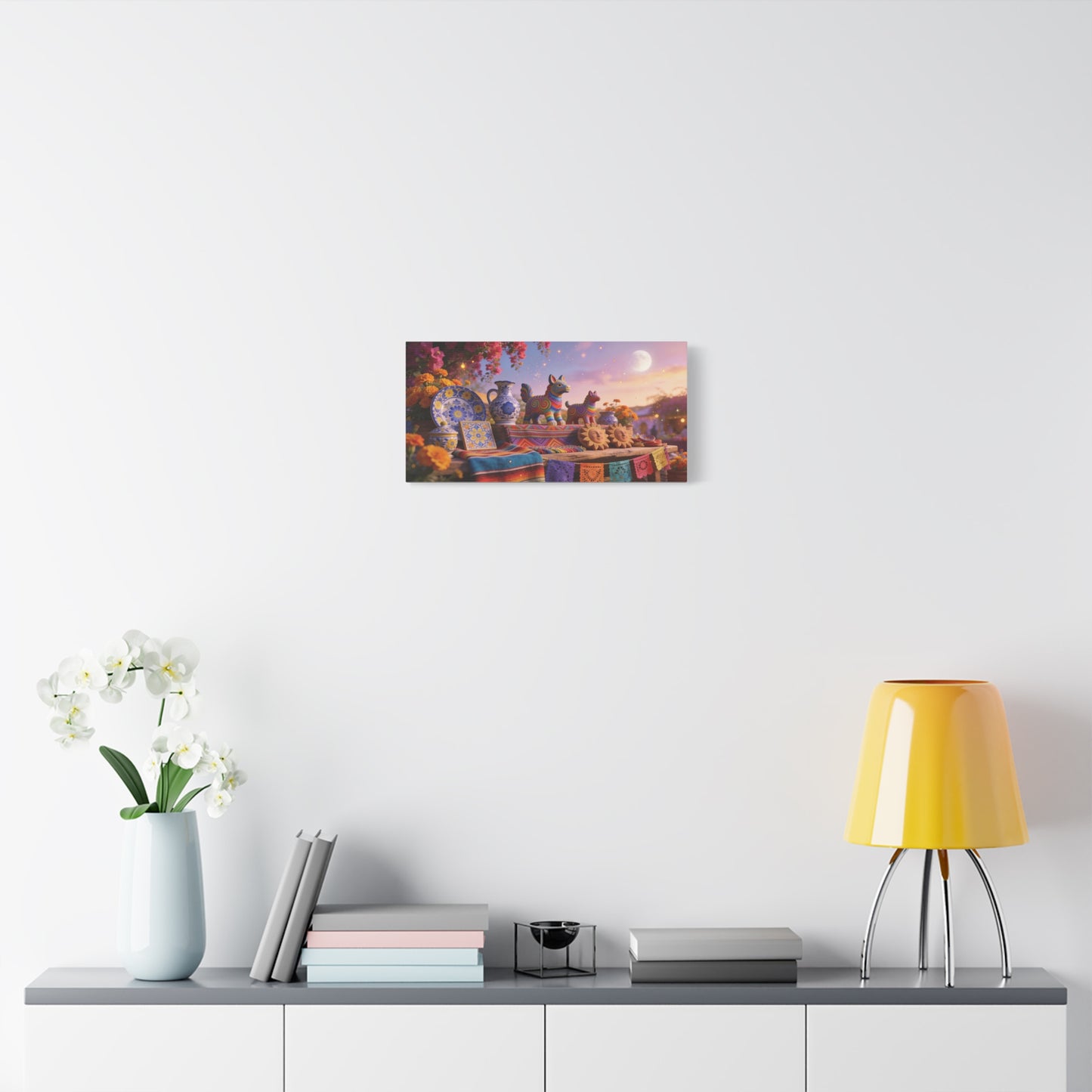 Talavera Pottery Folk Art Canvas Wall Art - Colorful Mexican Table Still Life, Moonlit Fiesta Decor - Matte Cotton Print - Bohemian Living Room Wall Decor, Dining Room Accent - Bedroom Home Decoration
