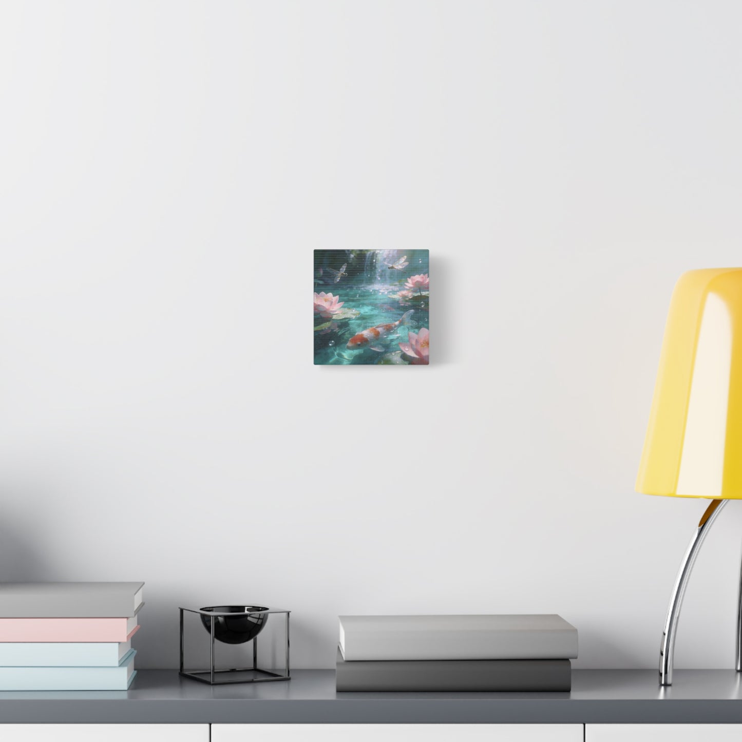 Koi Fish Lotus Canvas Wall Art - Dragonflies Over Teal Pond Water, Pink Water Lily Floral Scene - Dreamy Matte Canvas Print - Bedroom Wall Decor, Living Room Home Accent - Bedroom Home Decoration