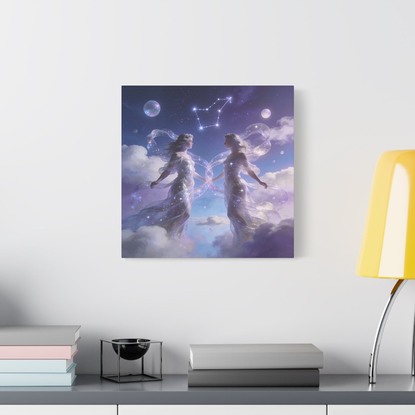 Gemini Zodiac Canvas Wall Art - Celestial Twin Women Under Constellation, Dreamy Fantasy Sky Scene - Matte Cotton Art Print - Bedroom Wall Decor, Meditation Space Accent - Bedroom Home Decoration