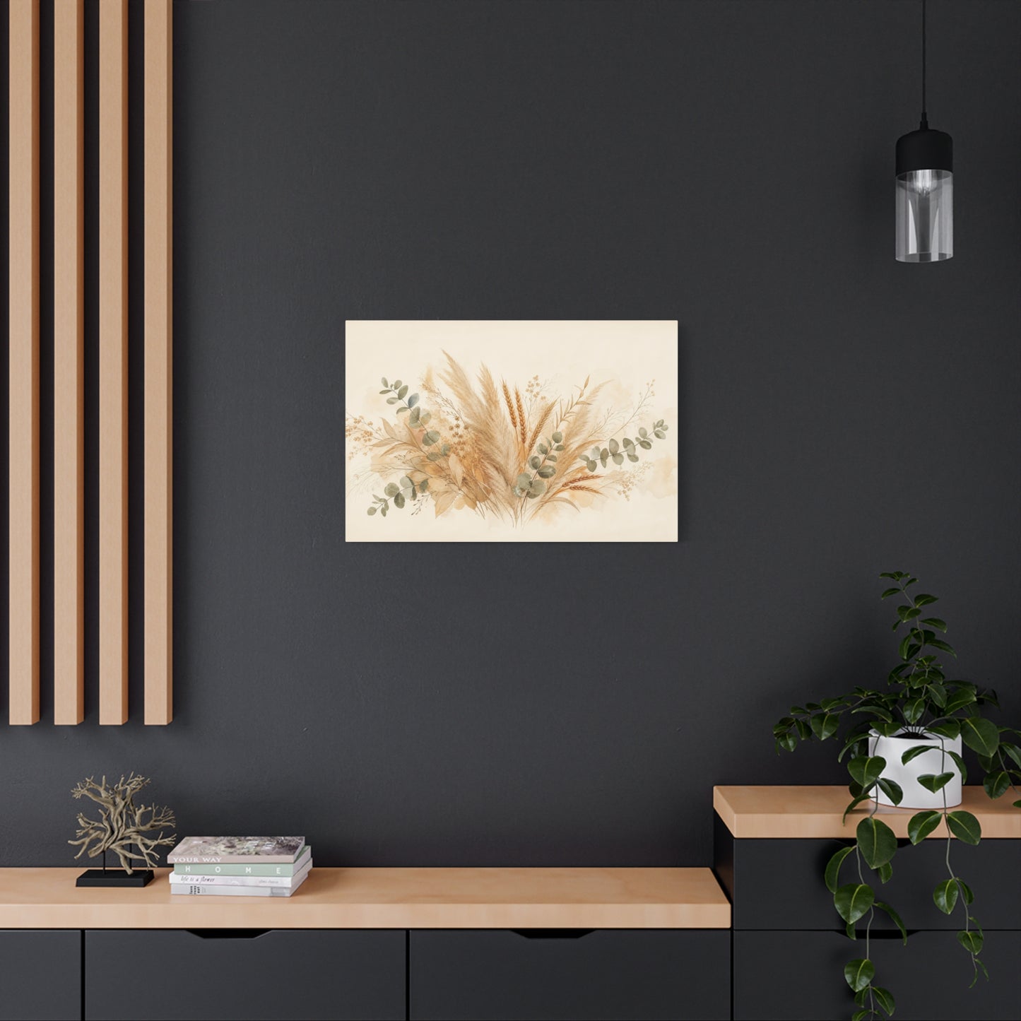 Neutral Botanical Canvas Wall Art - Pampas Grass, Wheat Stems, Eucalyptus Print - Soft Beige Sage Floral Composition - Modern Farmhouse Style - Living Room Wall Decor, Bedroom Home Decoration
