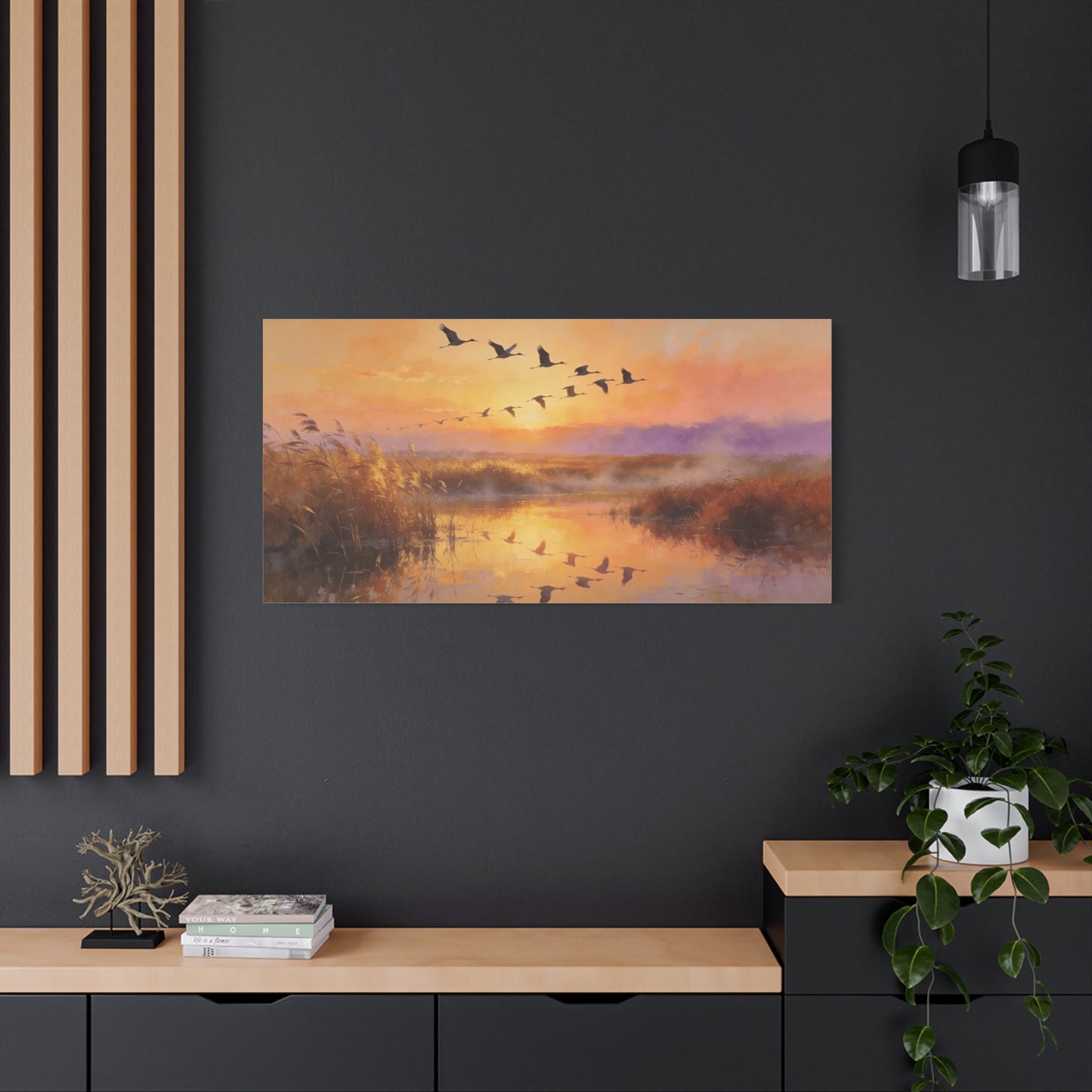 Flying Cranes Sunset Canvas Wall Art - Marsh Landscape Bird Painting, Golden Reeds Reflection, Matte Canvas Print - Traditional Style - Living Room Wall Decor Bedroom Decoration - Ready to Hang