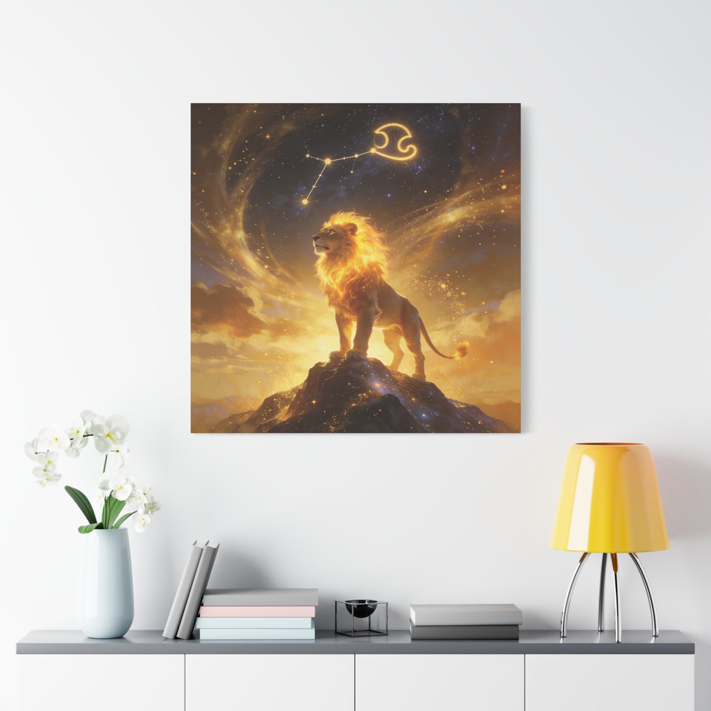 Leo Zodiac Lion Canvas Wall Art - Celestial Astrology Constellation Print, Glowing Gold Cosmic Sky - Fantasy Style, Living Room Wall Decor Bedroom Home Decoration Office Art - Bedroom Home Decoration