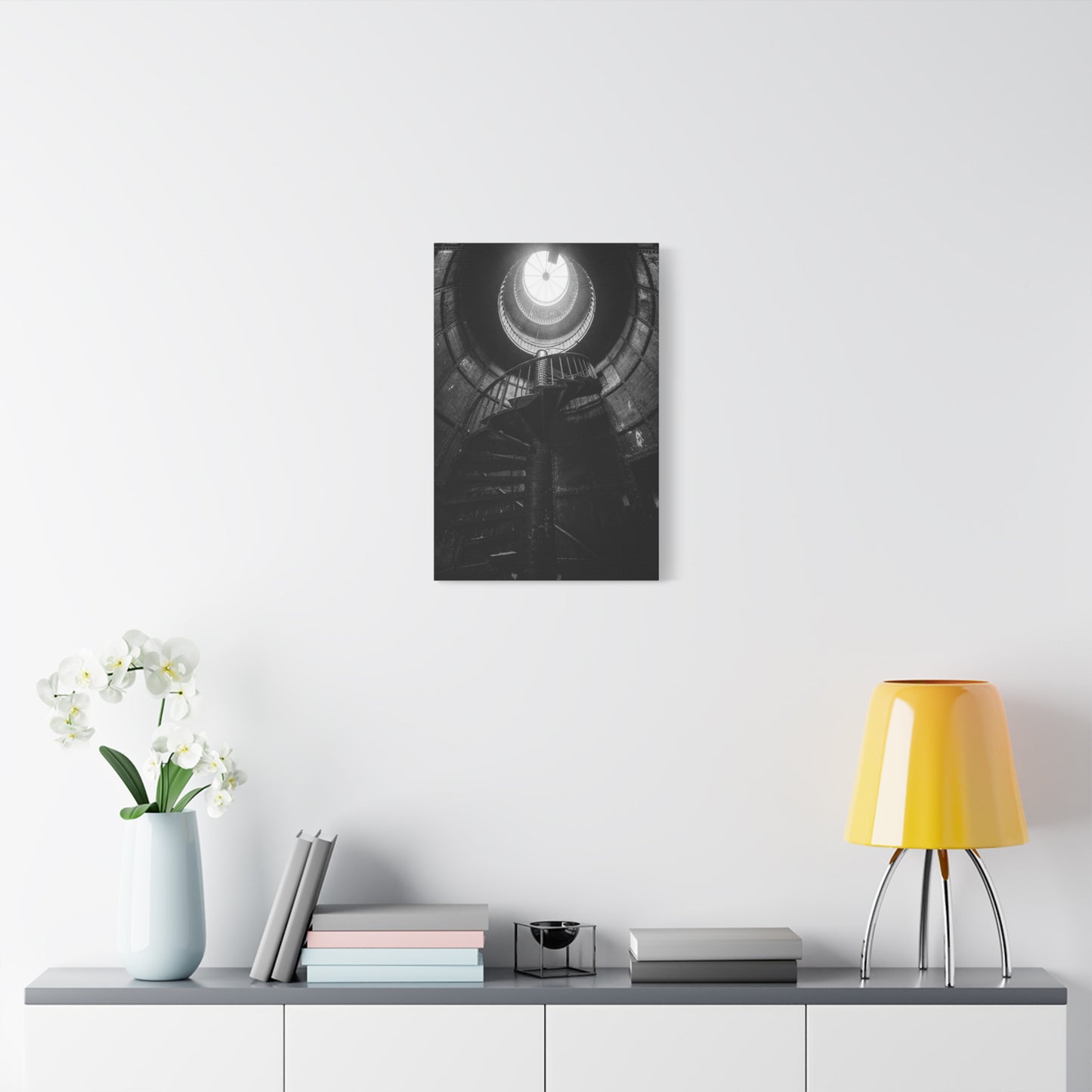 Black And White Spiral Staircase Canvas Wall Art - Architectural Art Print, Industrial Contemporary Style, Moody Home Decor, Home Office Wall Art, Living Room Accent - Modern Farmhouse Style