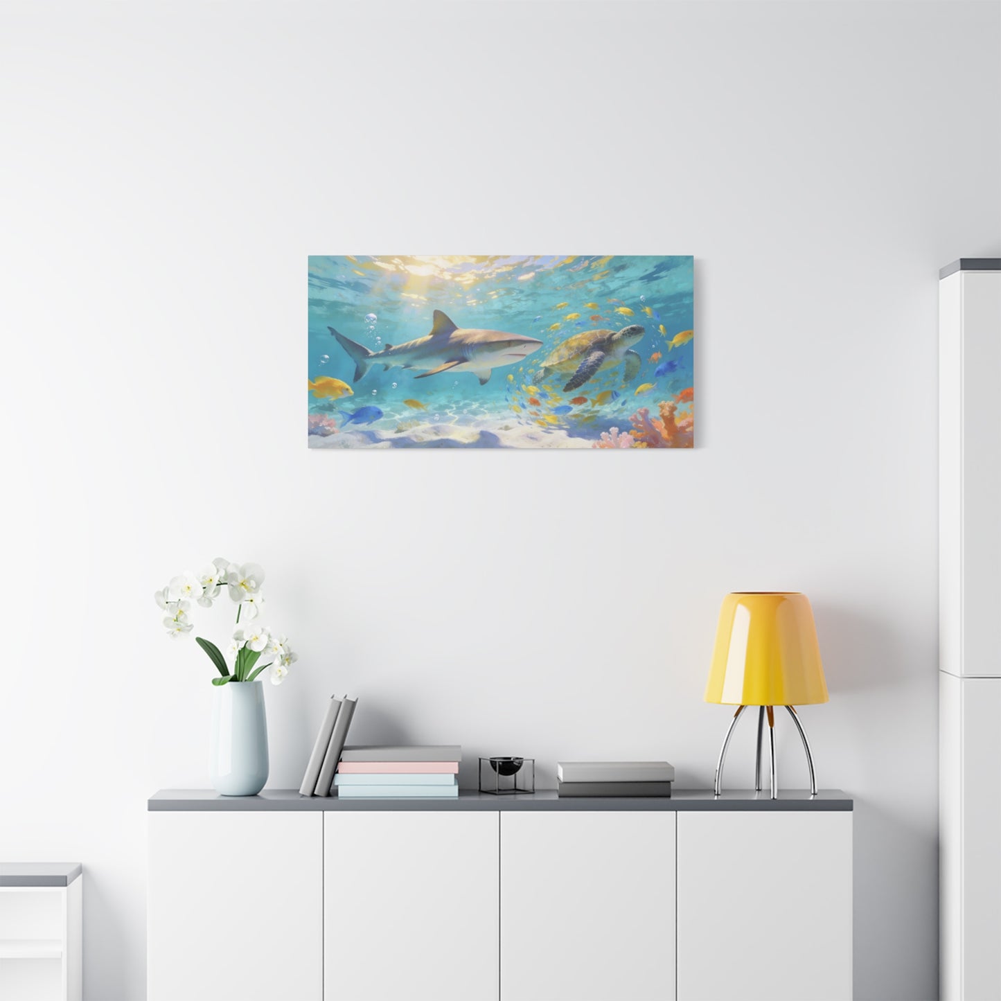 Shark Sea Turtle Canvas Wall Art - Tropical Underwater Ocean Scene, Colorful Fish Coral Reef - Matte Coastal Style - Living Room Wall Decor, Bedroom Home Decoration - Bedroom Home Decoration