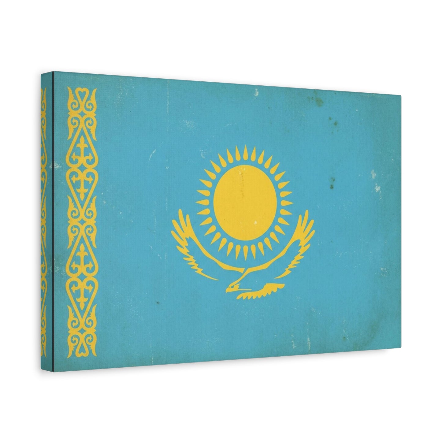 Kazakhstan Flag Canvas Wall Art - Blue And Gold Sun Eagle Emblem, Vintage Nation Print - Matte Cotton Artwork, Patriotic Living Room Wall Decor, Office Art Accent Style - Bedroom Home Decoration