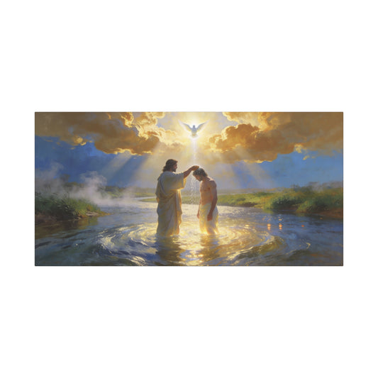 Baptism Of Jesus Christ Canvas Wall Art - Dove, Golden Light, River Scene - Religious Christian Wall Decor, Traditional Matte Canvas Print, Living Room Bedroom Home Decoration - Modern Farmhouse Style