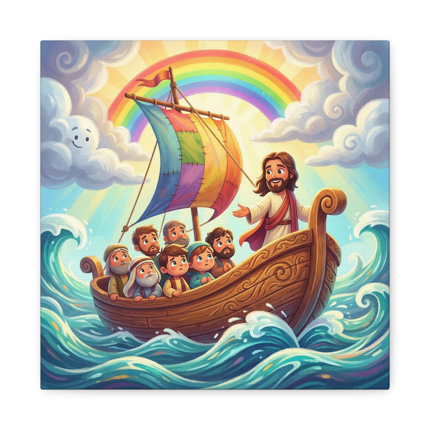 Jesus Boat Canvas Wall Art - Rainbow Sail, Disciples At Sea, Christian Nursery Decor - Matte Cotton Print - Whimsical Religious Style For Kids Bedroom Playroom Home Decoration - Living Room Wall Decor