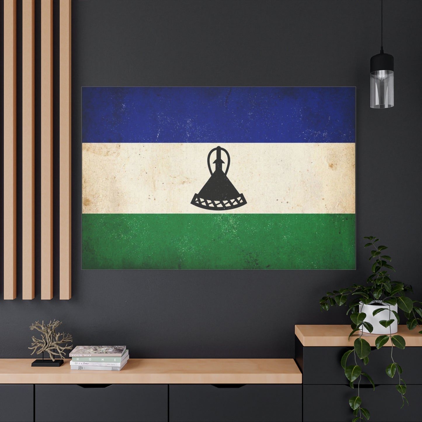 Lesotho Flag Canvas Wall Art - Vintage Blue White Green Tricolor With Basotho Hat Emblem, Distressed National Banner Print - Rustic Patriotic Decor For Living Room Bedroom Office - Office Wall Art