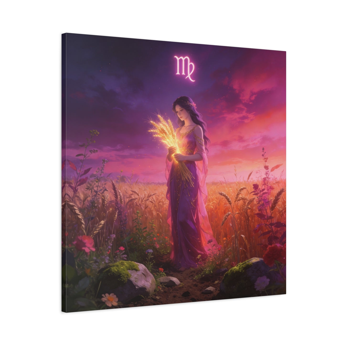 Virgo Zodiac Canvas Wall Art - Maiden Holding Glowing Wheat, Purple Twilight Field - Fantasy Illustration, Matte Canvas Print - Bedroom Wall Decor, Meditation Space Accent - Bedroom Home Decoration