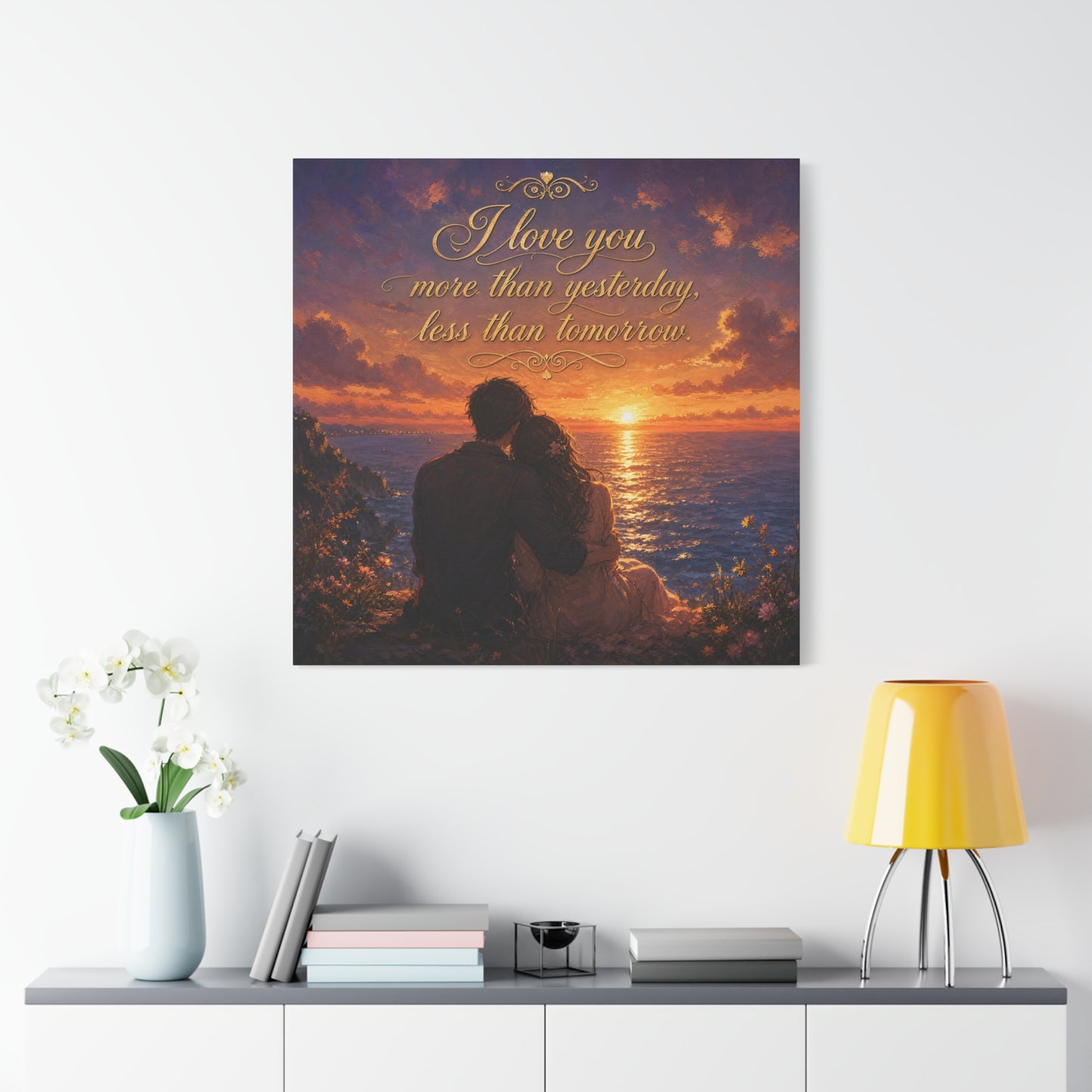 "I Love You More Than Yesterday, Less Than Tomorrow." Love Quote Canvas Wall Art - Romantic Sunset Ocean Couple Silhouette - Gold Script Seascape - Bedroom Wall Decor - Ready to Hang - Ready to Hang