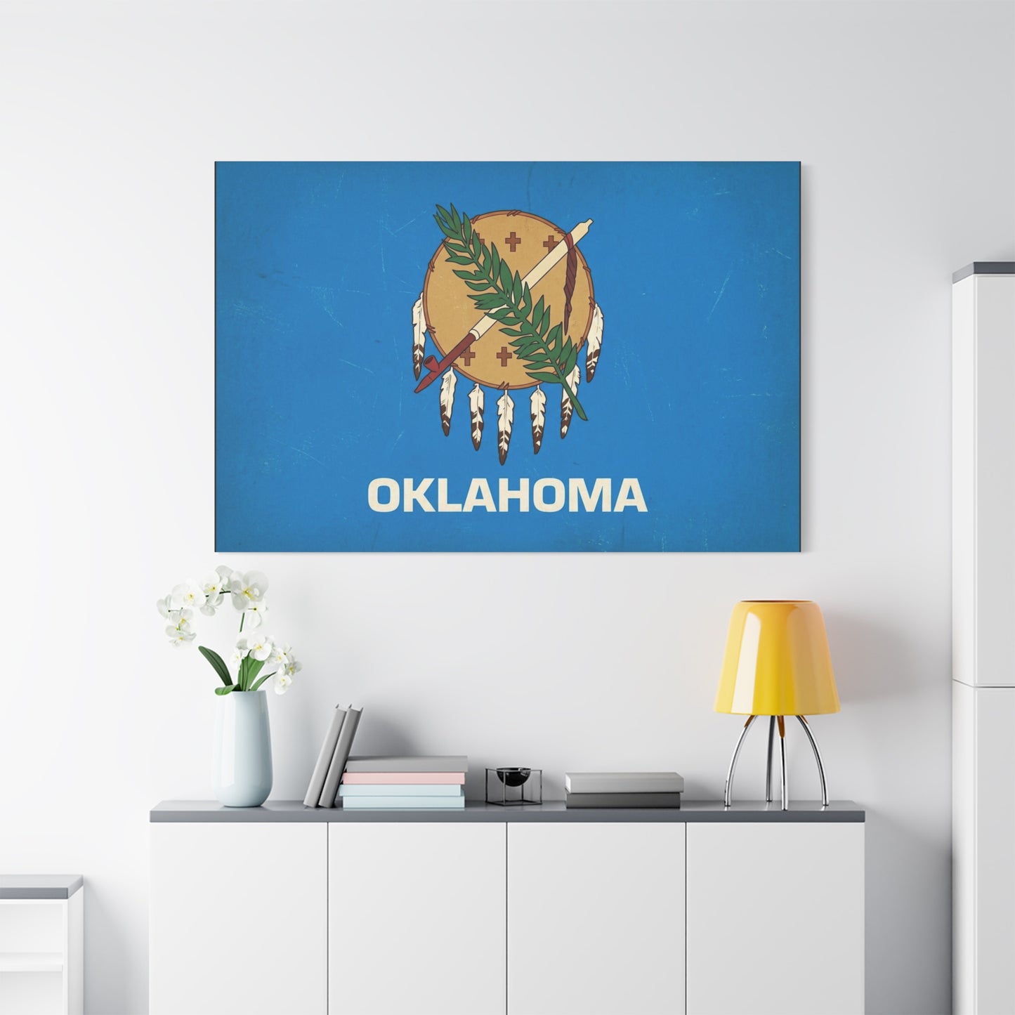"OKLAHOMA" State Flag Canvas Wall Art - Vintage Blue Shield, Olive Branch And Peace Pipe Print - Rustic Americana Style - Living Room Decor, Office Wall Accent - Ready to Hang - Modern Farmhouse Style