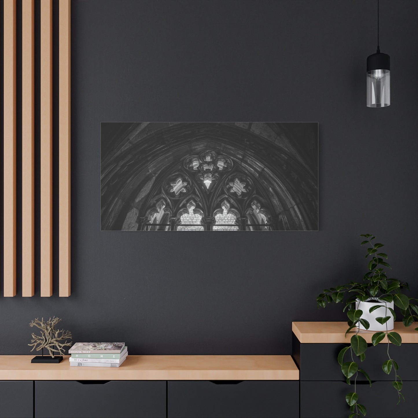 Gothic Cathedral Arch Canvas Wall Art - Black And White Architectural Art Print - Moody Stone Tracery, Matte Finish - Living Room Wall Decor, Office Art Accent - Bedroom Home Decoration