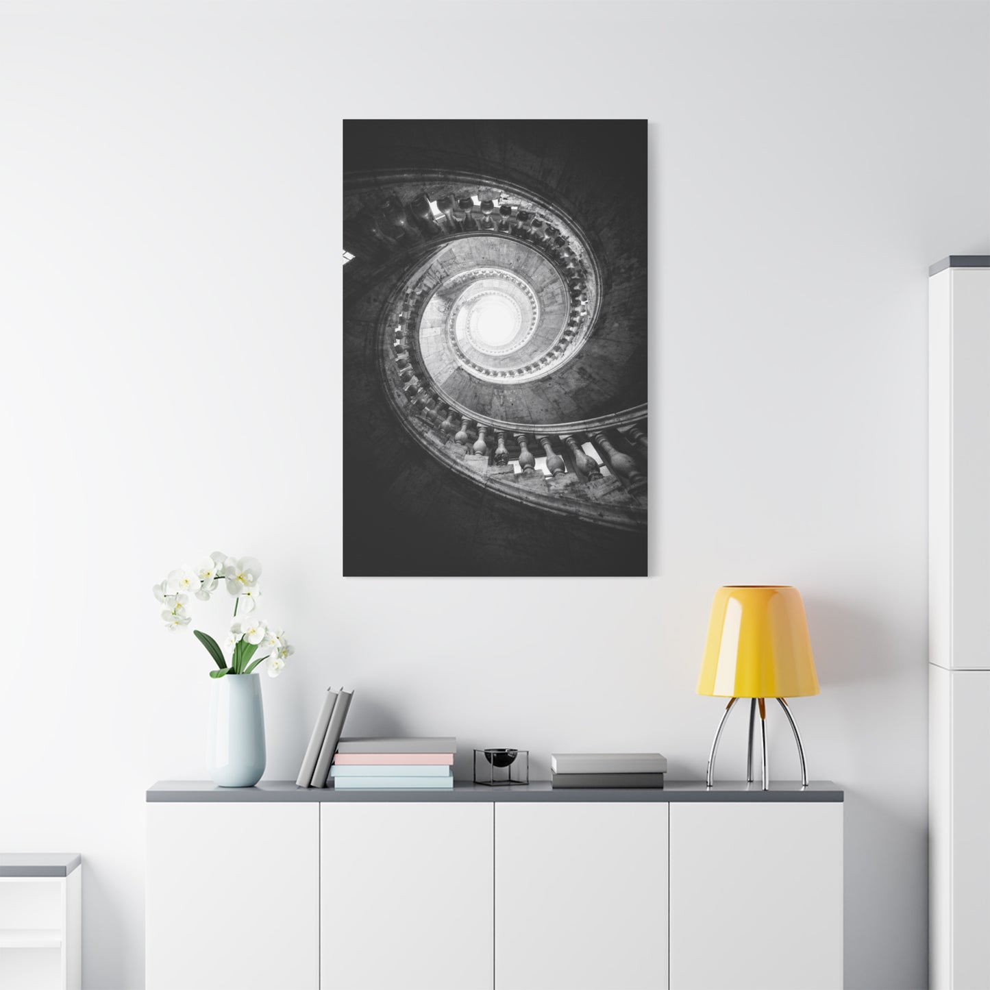 Spiral Staircase Canvas Wall Art - Black And White Architectural Art Print - Dramatic Stone Rotunda, Contemporary Interior Decor - Living Room Wall Decor, Office Art - Bedroom Home Decoration