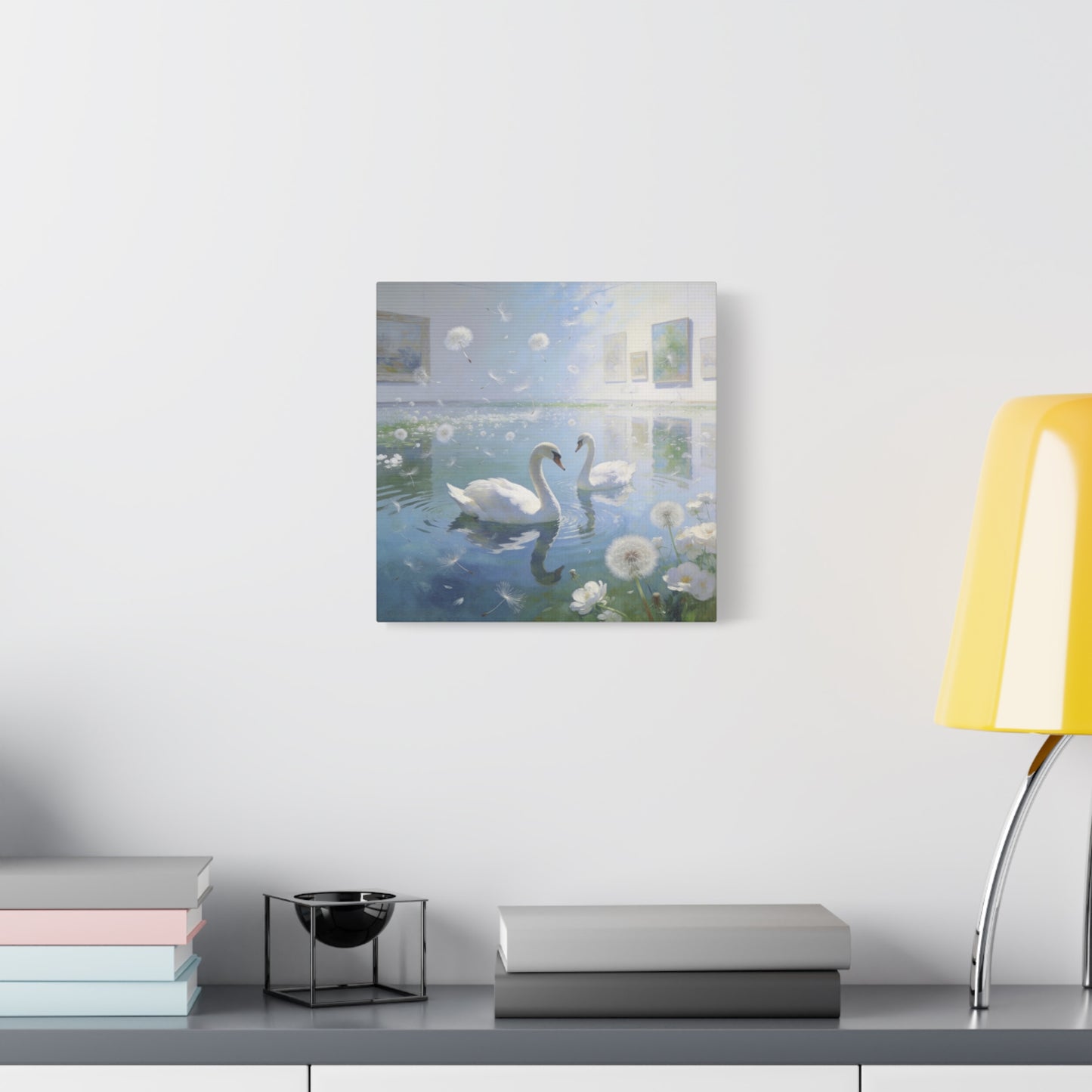 White Swan Canvas Wall Art - Serene Pond With Dandelion Seeds, Soft Blue Water Reflection - Dreamy Traditional Style - Living Room Wall Decor, Bedroom Home Decoration, Office Art - Ready to Hang