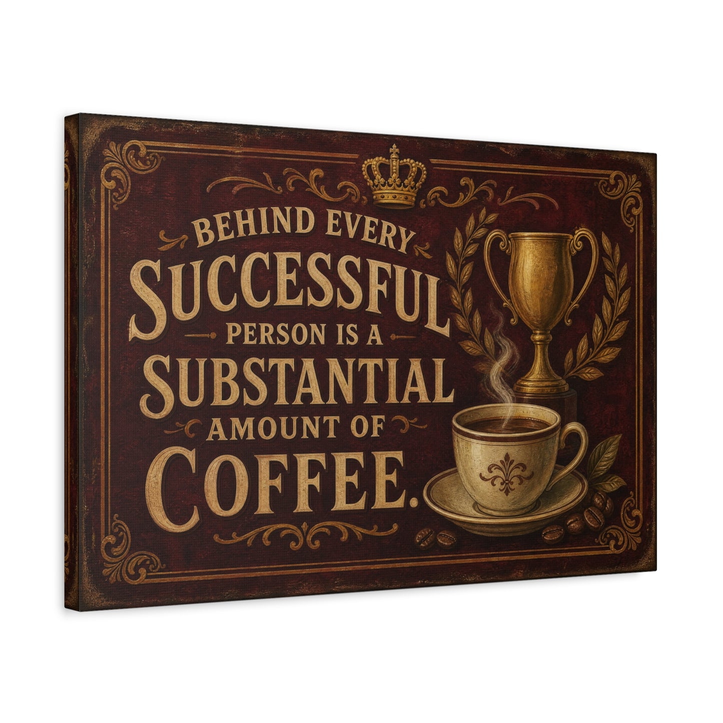 "Behind Every Successful Person Is A Substantial Amount Of Coffee." Canvas Wall Art - Vintage Coffee Quote Decor, Rustic Typography Print - Ready to Hang - Cafe Wall Art - Bistro Decor