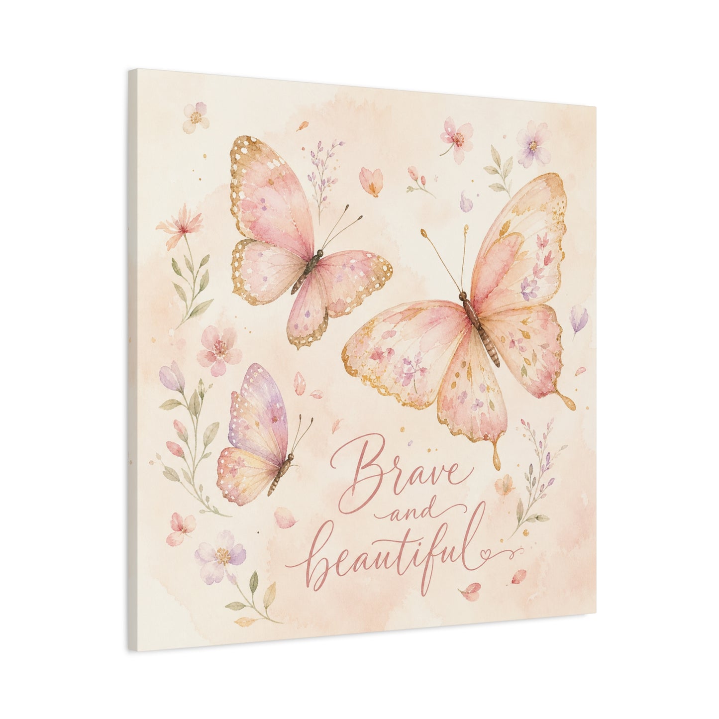 "Brave And Beautiful" Butterfly Canvas Wall Art - Pink Floral Watercolor Quote Print - Inspirational Girls Bedroom Decor - Nursery Wall Hanging - Bedroom Home Decoration - Modern Farmhouse Style