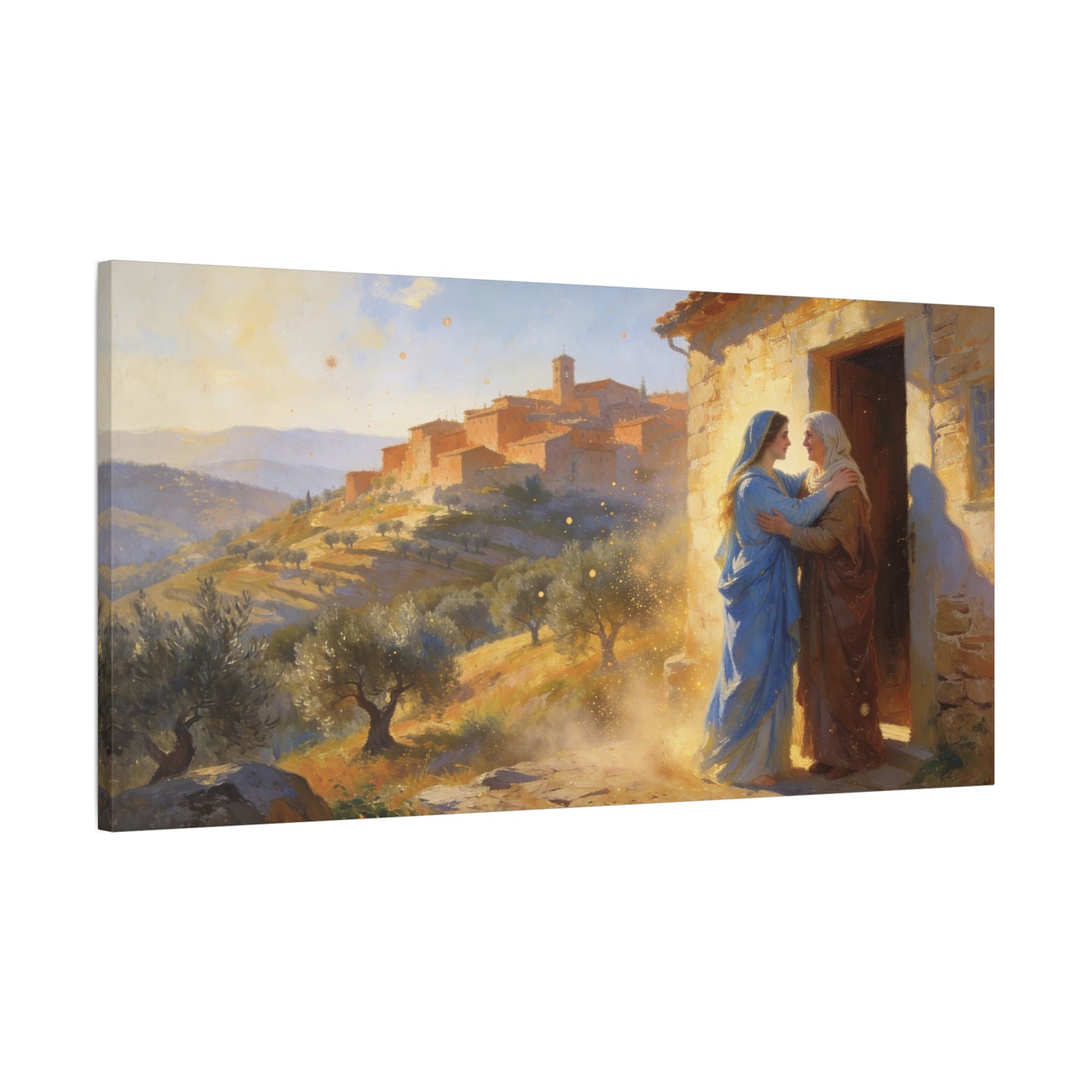 Virgin Mary Visitation Canvas Wall Art - Religious Biblical Village Scene, Golden Light Painting - Christian Home Decor, Traditional Style - Living Room Wall Decor Bedroom Decoration - Ready to Hang