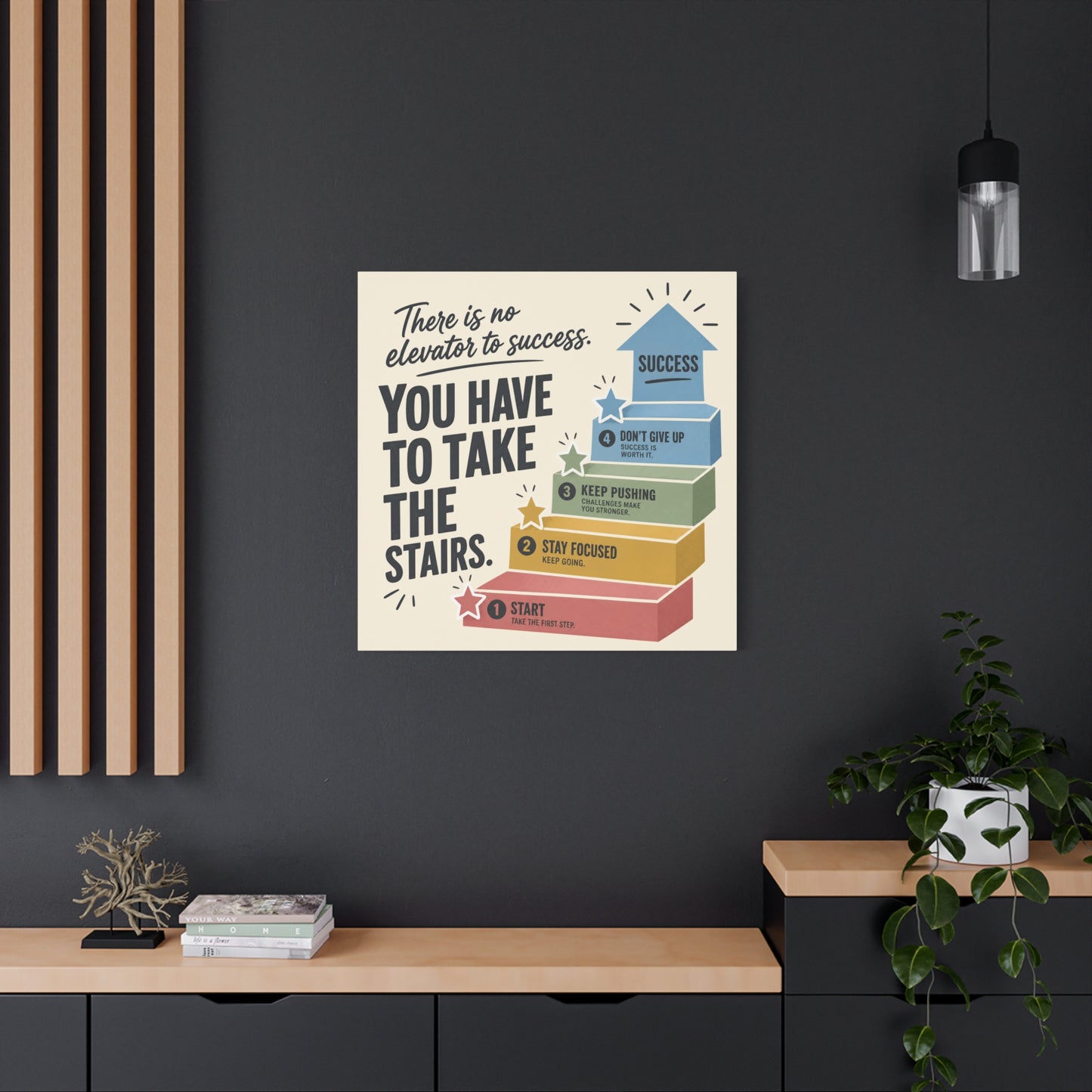 "There Is No Elevator To Success. You Have To Take The Stairs." Motivational Canvas Wall Art - Typography Quote Print, Office Decor, Classroom Poster, Modern Inspirational Home Decoration