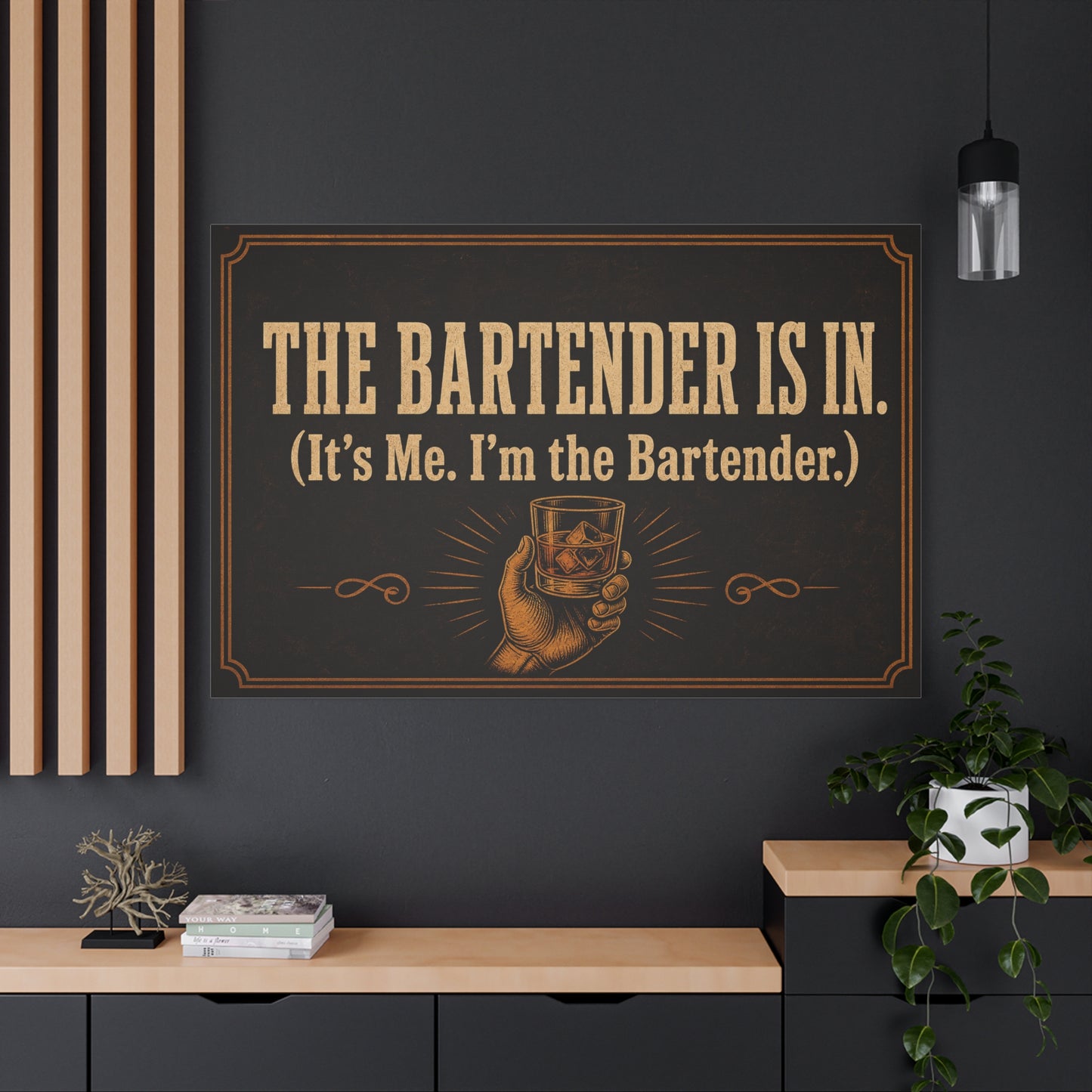 "The Bartender Is In. (It's Me. I'm the Bartender.)" Canvas Wall Art - Vintage Bar Quote Decor, Rustic Typography Print, Speakeasy Style Wall Hanging, Lounge, Home Bar - Ready to Hang - HP Latex Print