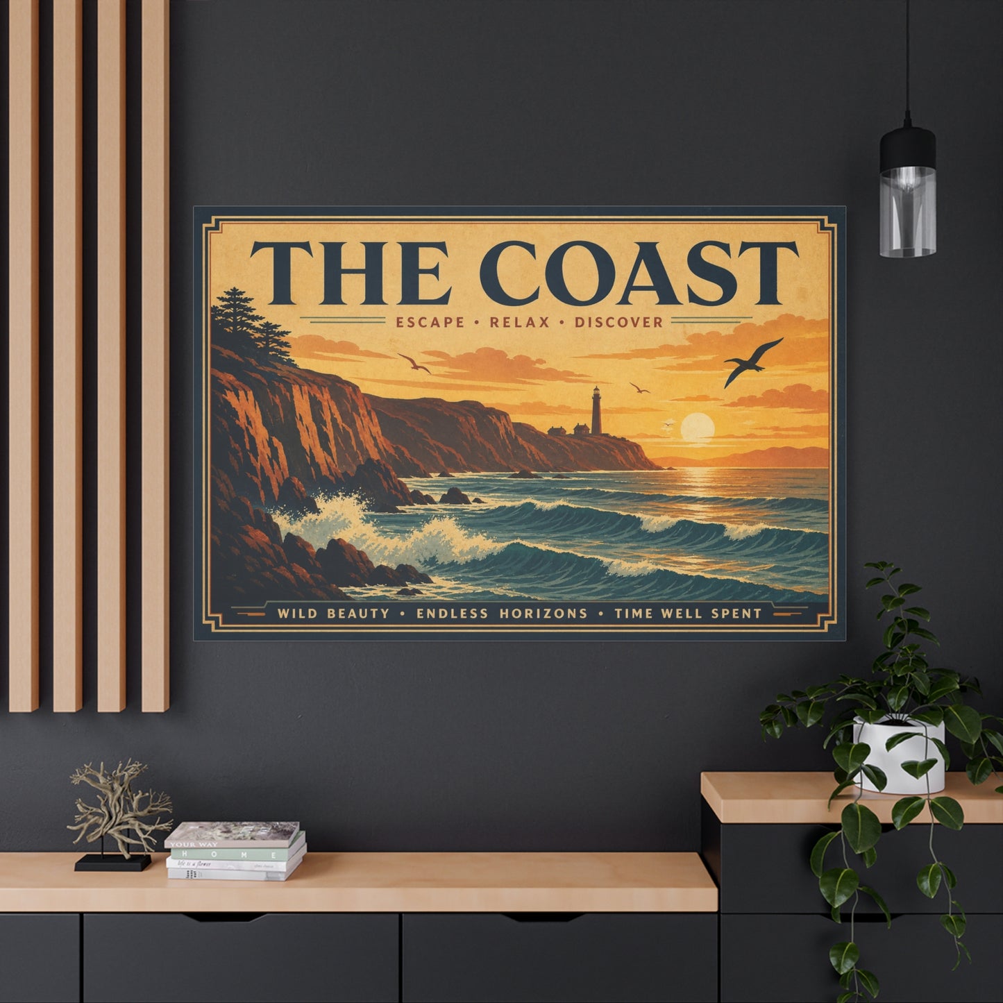"The Coast" Coastal Canvas Wall Art - Vintage Lighthouse Sunset Ocean Waves Print - Retro Seascape Home Decor, Nautical Living Room Wall Decor - Modern Farmhouse Style - Bedroom Home Decoration