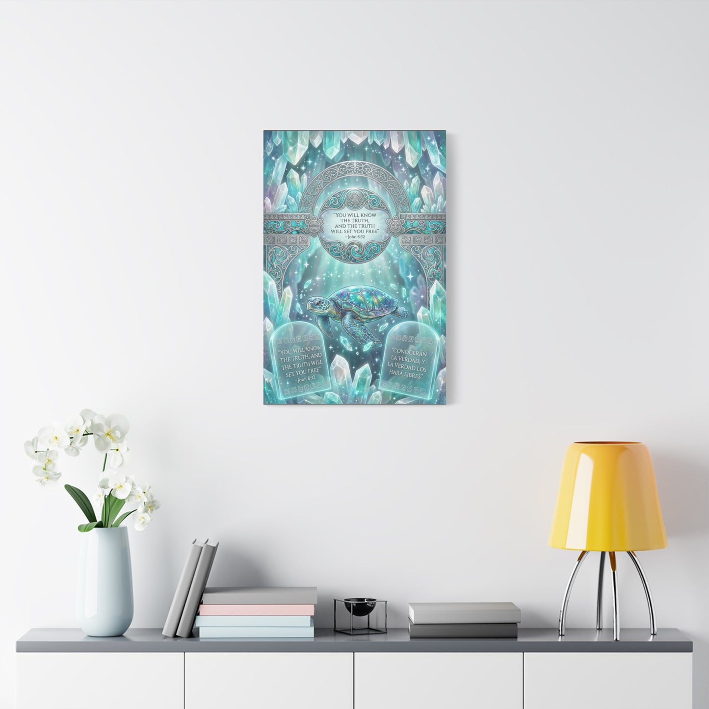 "You Will Know The Truth, And The Truth Will Set You Free" Sea Turtle Canvas Wall Art - John 8:32 Scripture Decor, Crystal Ocean Fantasy Style, Bedroom Wall Hanging, Meditation Space - Ready to Hang