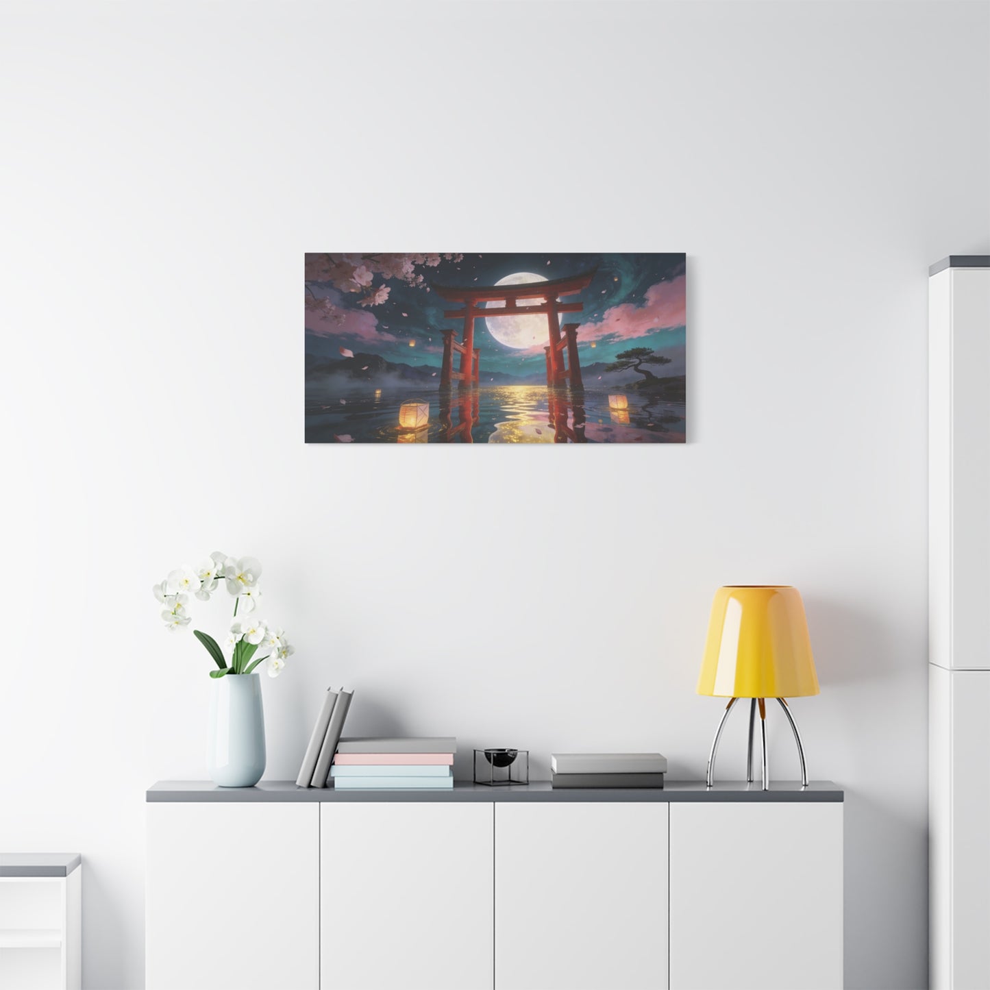 Japanese Torii Gate Canvas Wall Art - Moonlit Lake, Cherry Blossom Petals - Contemporary Fantasy Landscape - Living Room Wall Decor, Bedroom Home Decoration, Meditation Space - Bedroom Home Decoration