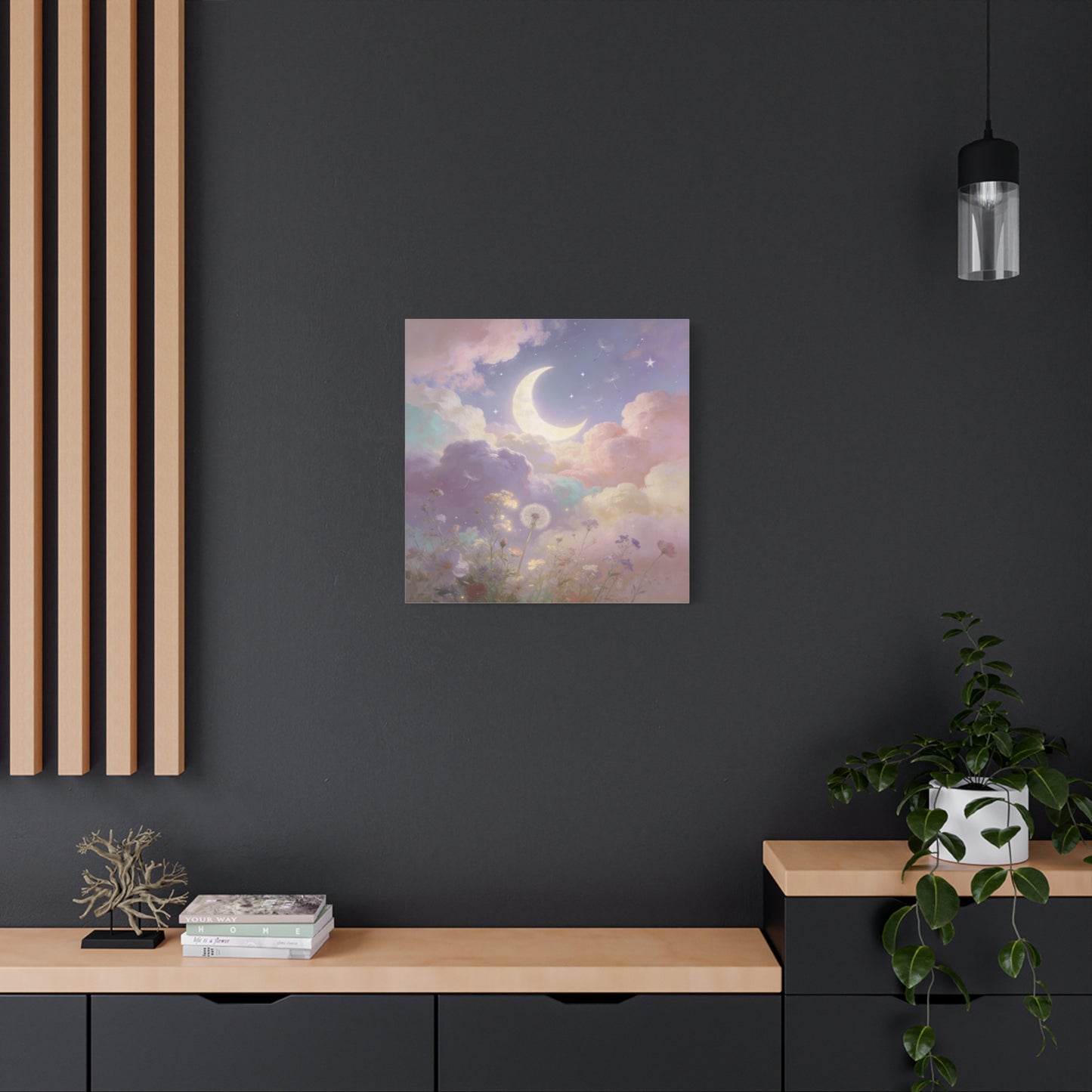 Crescent Moon Canvas Art Print - Dreamy Pastel Clouds, Dandelion Sky, Celestial Floral Scene - Cotton Matte Artwork - Lavender Nursery Accent, Bedroom Decoration, Meditation Space Decor
