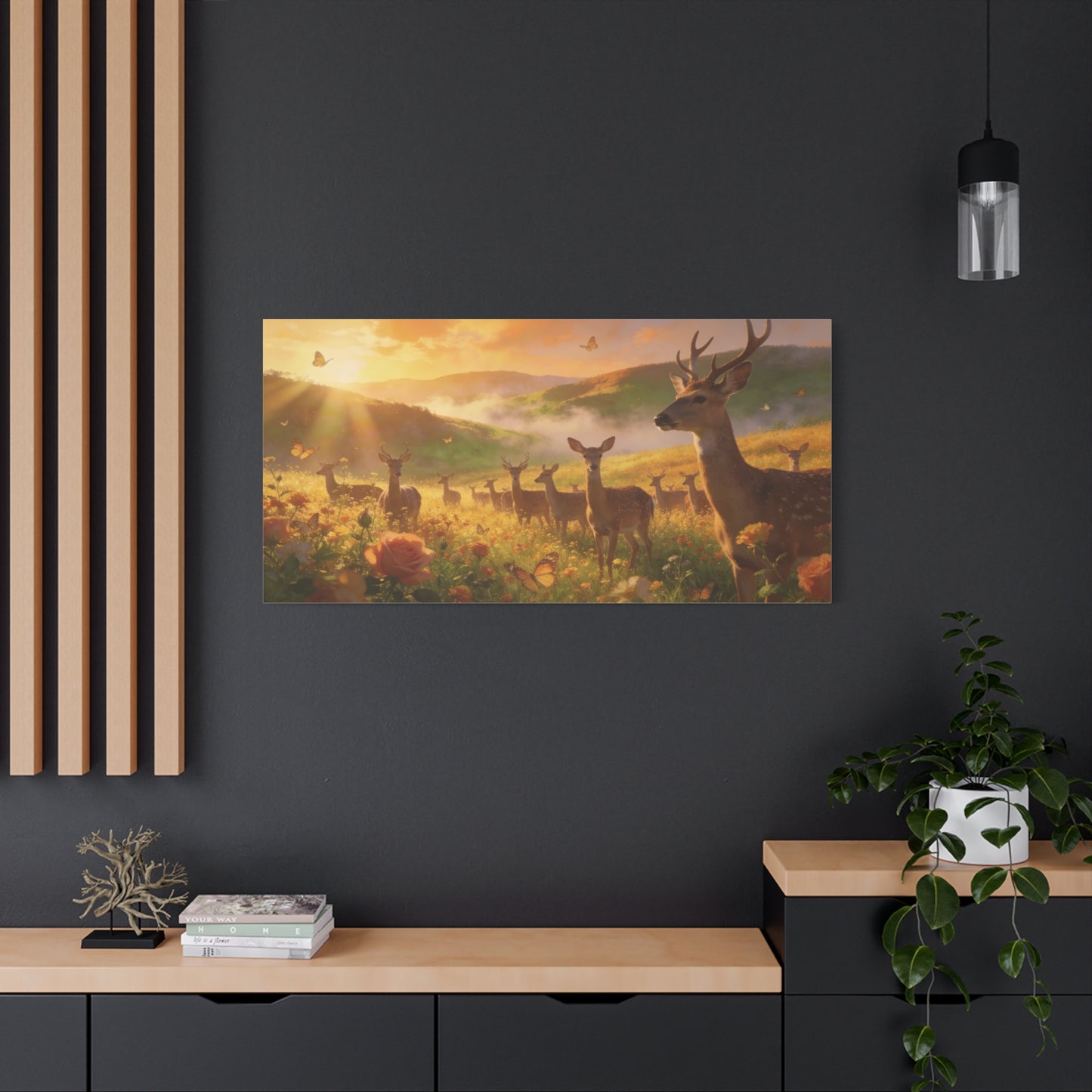 Deer Meadow Canvas Wall Art - Golden Sunrise Wildlife Landscape, Butterflies, Floral Field - Matte Finish Canvas Print - Rustic Nature Style, Living Room Wall Decor - Bedroom Home Decoration