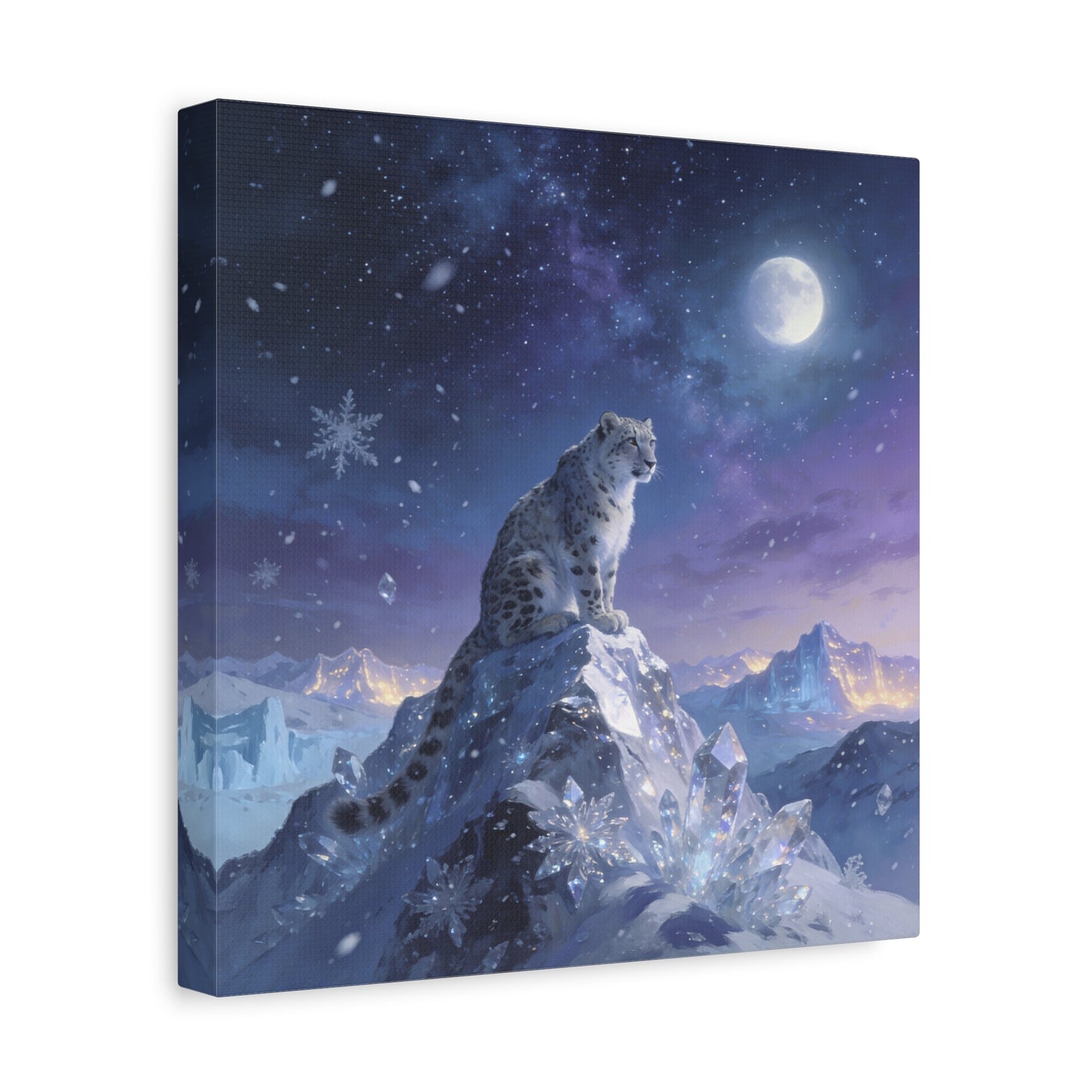 Snow Leopard Canvas Wall Art - Moonlit Arctic Crystal Landscape, Fantasy Wildlife Print - Matte Cotton Canvas - Contemporary Winter Style - Living Room Wall Decor Bedroom Home Decoration