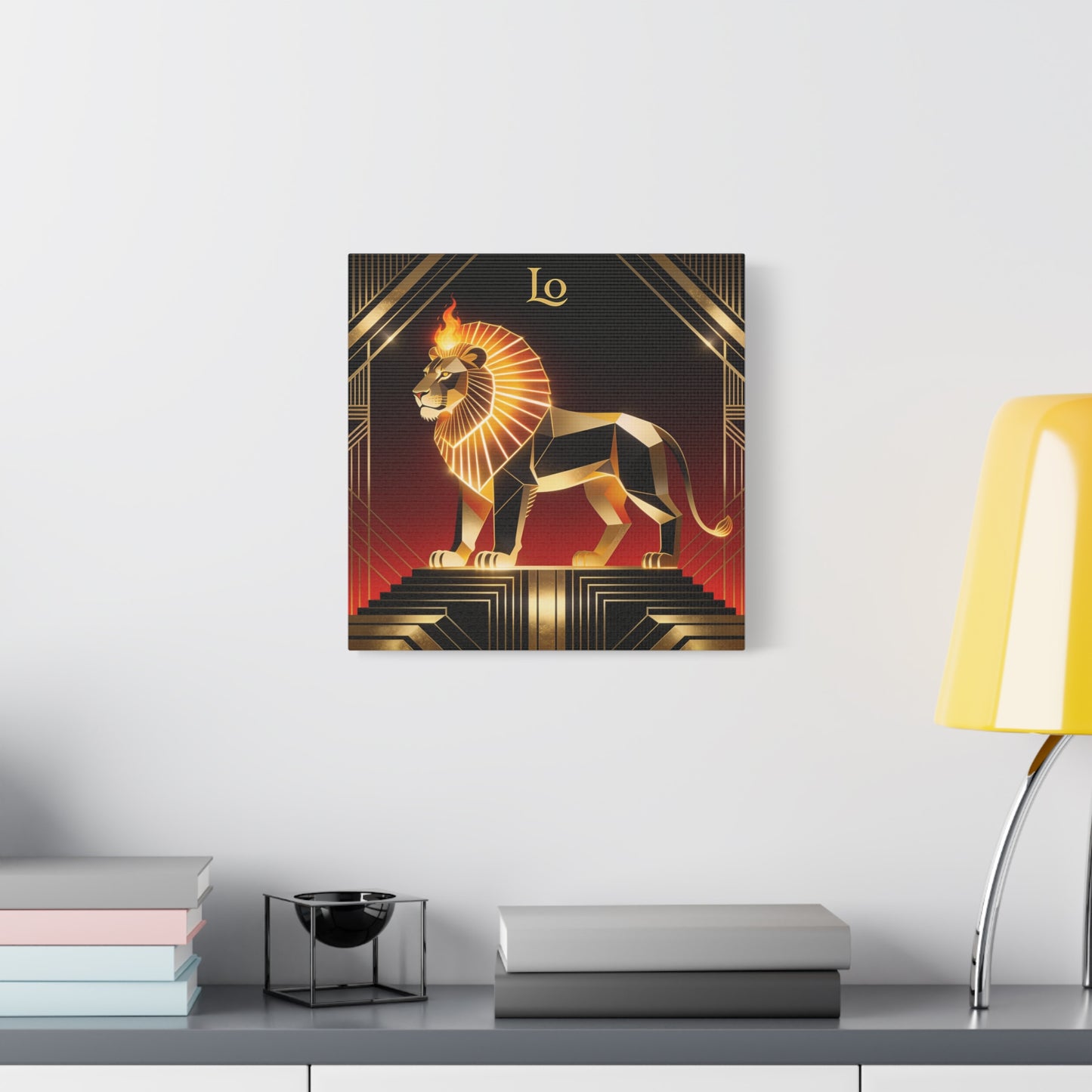 "Lo" Geometric Lion Canvas Wall Decor - Art Deco Gold Black Red Animal Print - Flaming Mane Illustration, Modern Luxe Interior Accent, Living Room Home Decoration - Living Room Wall Decor