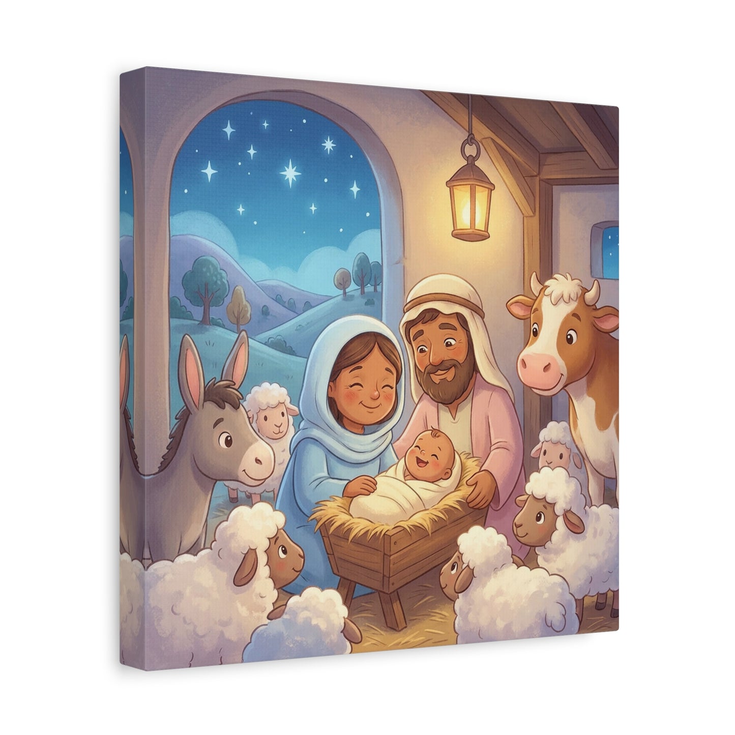 Holy Family Nativity Canvas Wall Art - Baby Jesus, Mary And Joseph Nursery Decor - Starry Stable Christian Home Decoration - Matte Canvas Print For Bedroom, Living Room - Ready to Hang - Ready to Hang