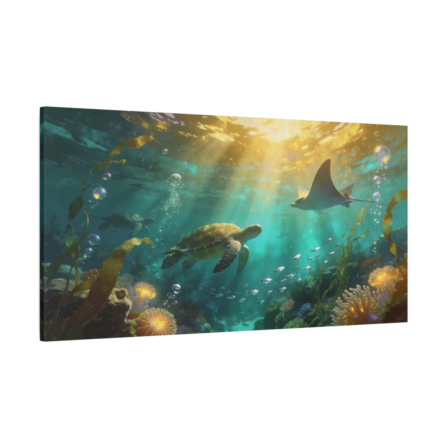 Sea Turtle And Stingray Canvas Wall Art - Sunlit Underwater Ocean Scene, Coral Reef Marine Life, Matte Cotton Print - Coastal Style, Living Room Wall Decor, Bedroom Home Decoration - Ready to Hang