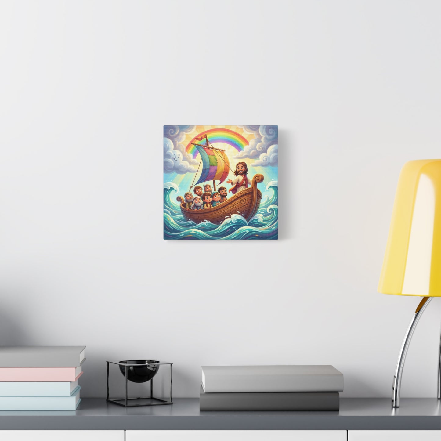 Jesus Boat Canvas Wall Art - Rainbow Sail, Disciples At Sea, Christian Nursery Decor - Matte Cotton Print - Whimsical Religious Style For Kids Bedroom Playroom Home Decoration - Living Room Wall Decor