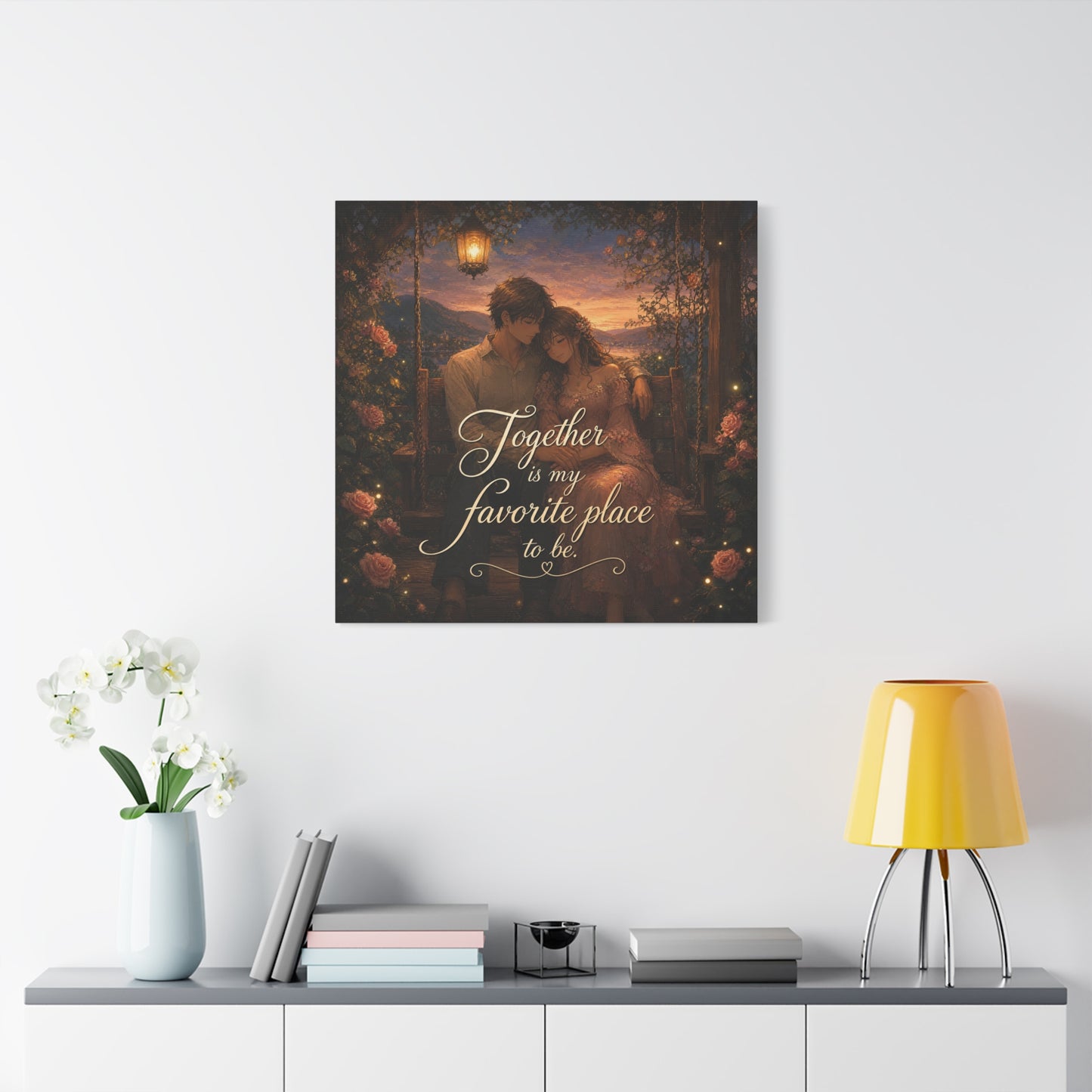 "Together Is My Favorite Place To Be" Romantic Couple Canvas Wall Art - Lantern Swing Sunset Lake Scene, Floral Garden Love Quote Print - Vintage Bedroom Decor - Office Wall Art - Ready to Hang