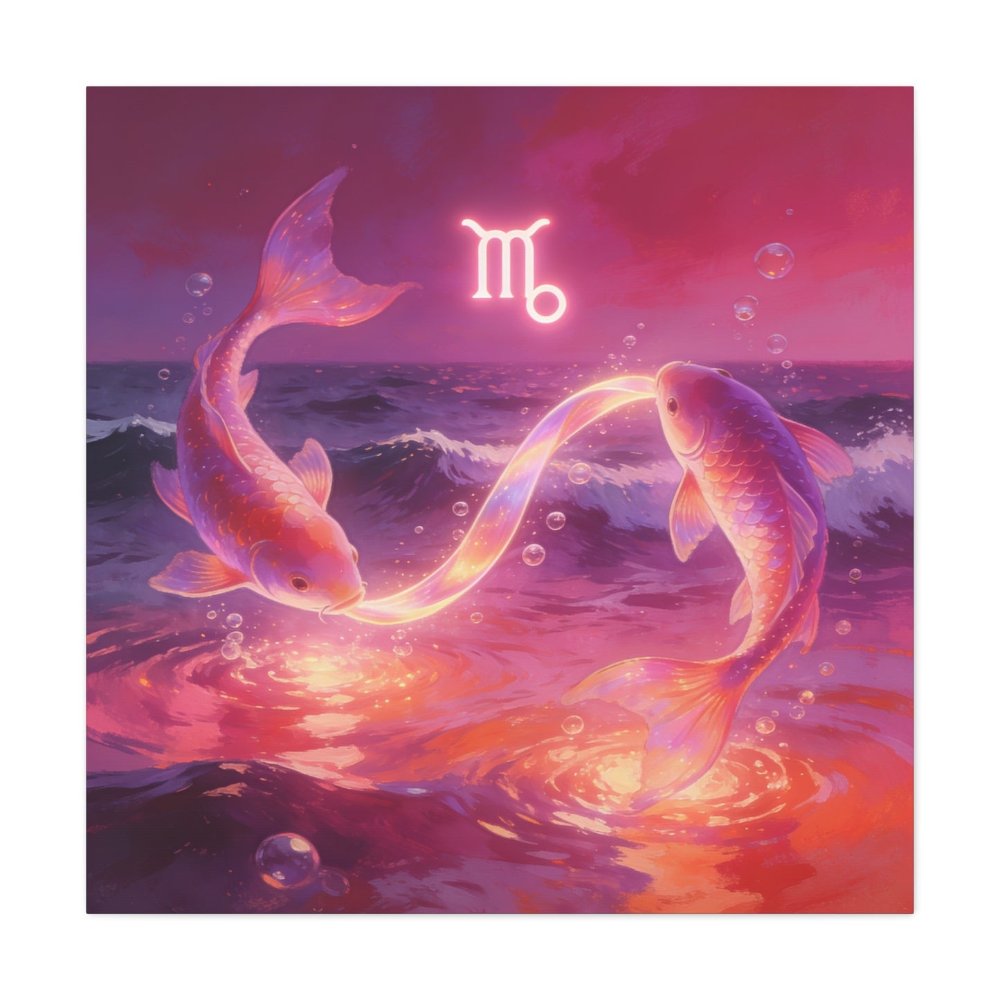 Scorpio Zodiac Canvas Wall Art - Glowing Koi Fish Ocean Illustration, Pink Purple Celestial Water Scene - Modern Fantasy Decor - Bedroom Home Decoration, Living Room Accent - Living Room Wall Decor