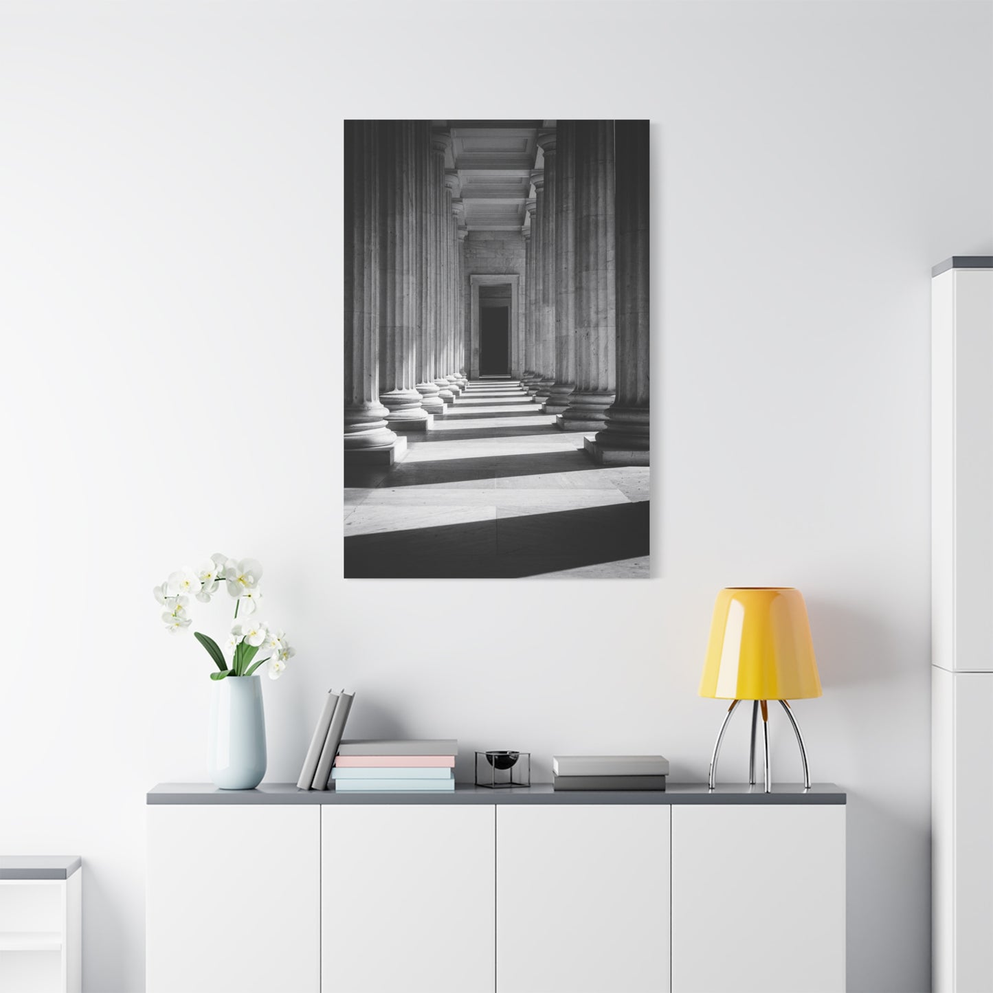 Black And White Classical Column Hallway Canvas Wall Decor - Architectural Art Print, Dramatic Light And Shadow, Minimalist Interior Accent - Living Room Decoration Office Display