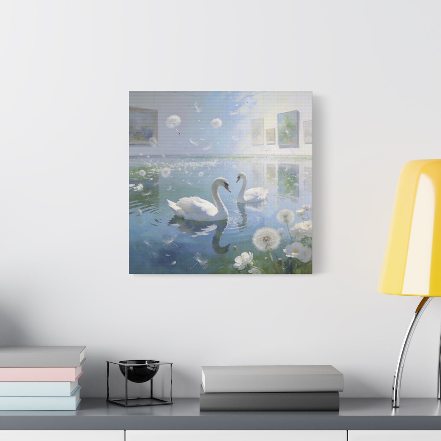 White Swan Canvas Wall Art - Serene Pond With Dandelion Seeds, Soft Blue Water Reflection - Dreamy Traditional Style - Living Room Wall Decor, Bedroom Home Decoration, Office Art - Ready to Hang