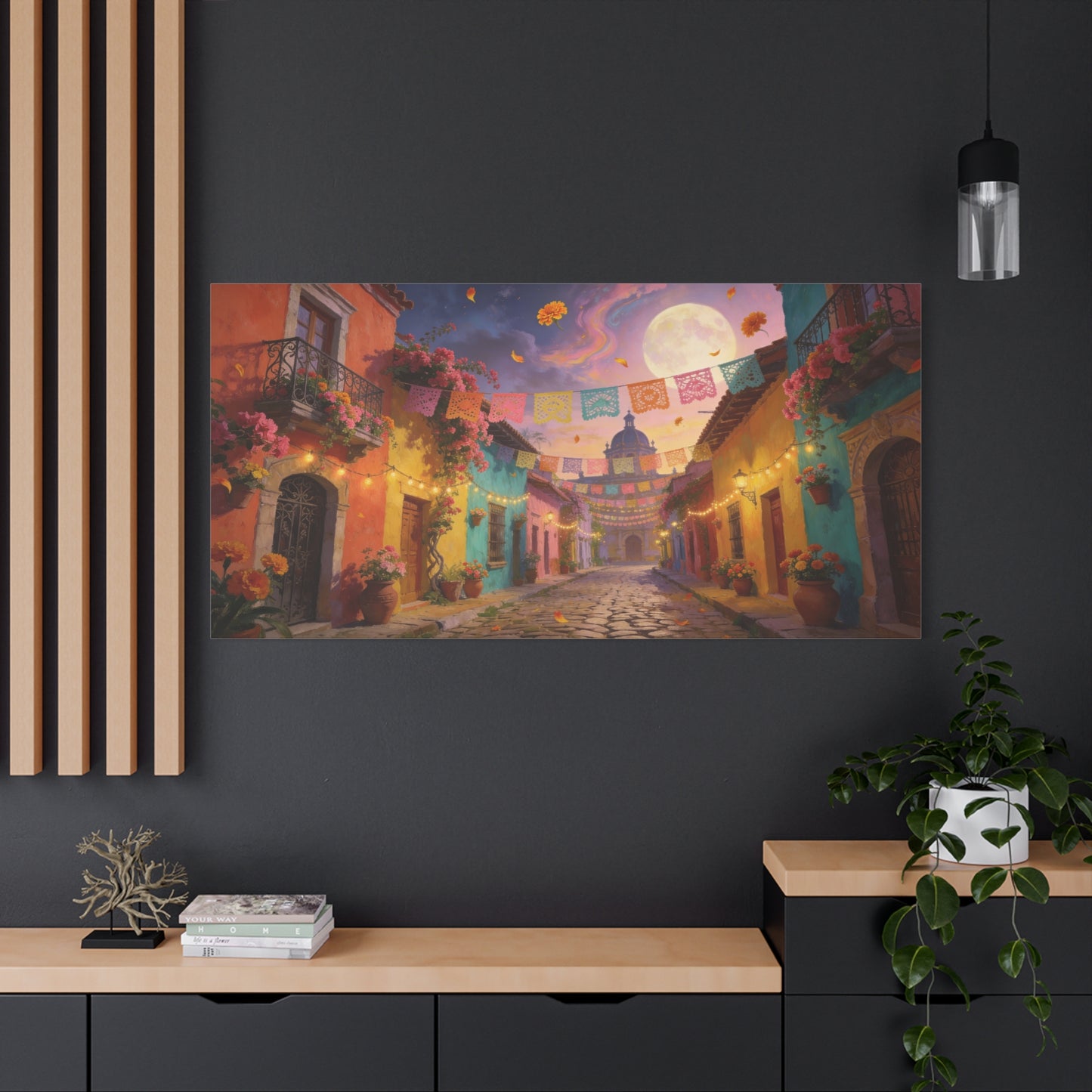 Moonlit Colorful Colonial Street Canvas Wall Art - Papel Picado, Marigolds, Full Moon - Dreamy Matte Canvas Print - Living Room Wall Decor, Bedroom Home Decoration - Bedroom Home Decoration