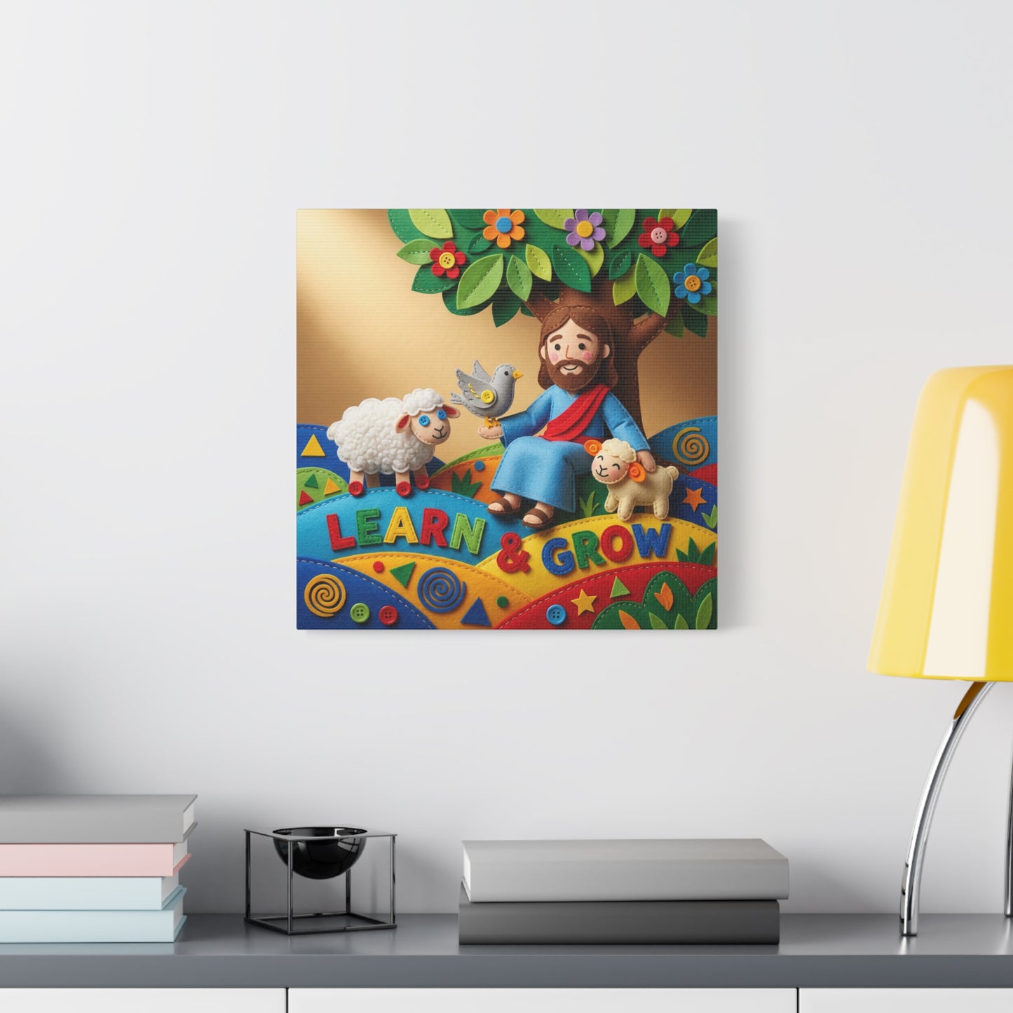 "Learn & Grow" Jesus Canvas Wall Art - Christian Nursery Decor, Lamb And Dove Under Tree - Colorful Felt Style Canvas Print - Kids Room Wall Hanging, Classroom Decoration - Ready to Hang