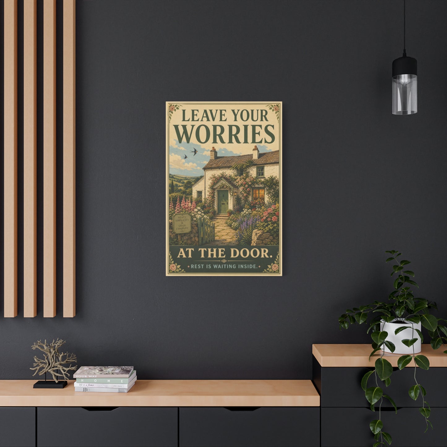 "Leave Your Worries At The Door. Rest Is Waiting Inside." Canvas Wall Art - Vintage Cottage Garden Quote Print, Floral Farmhouse Style, Bedroom Home Decoration, Entryway Decor - Living Room Wall Decor