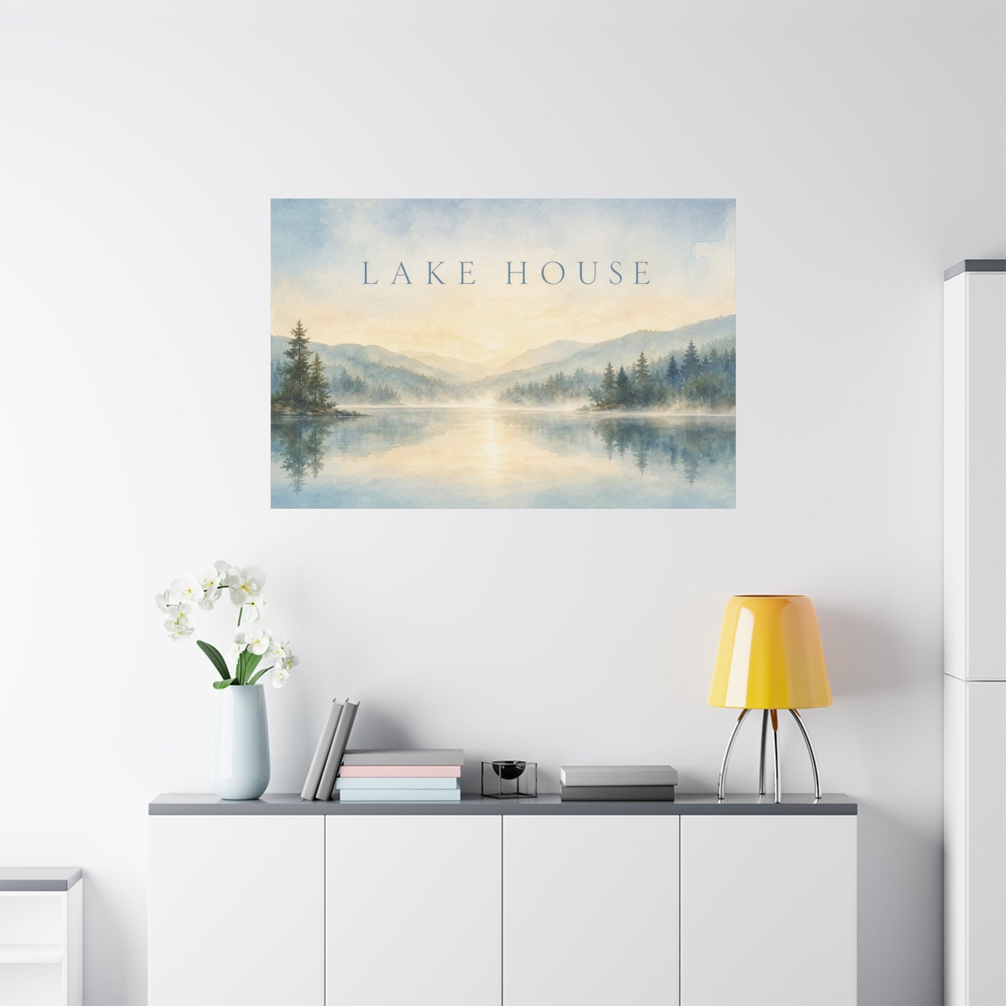 "Lake House" Canvas Wall Art - Misty Mountain Watercolor Landscape Print, Serene Cabin Decor, Rustic Retreat Wall Hanging, Bedroom Home Decoration, Entryway Accent, Vacation Rental Style