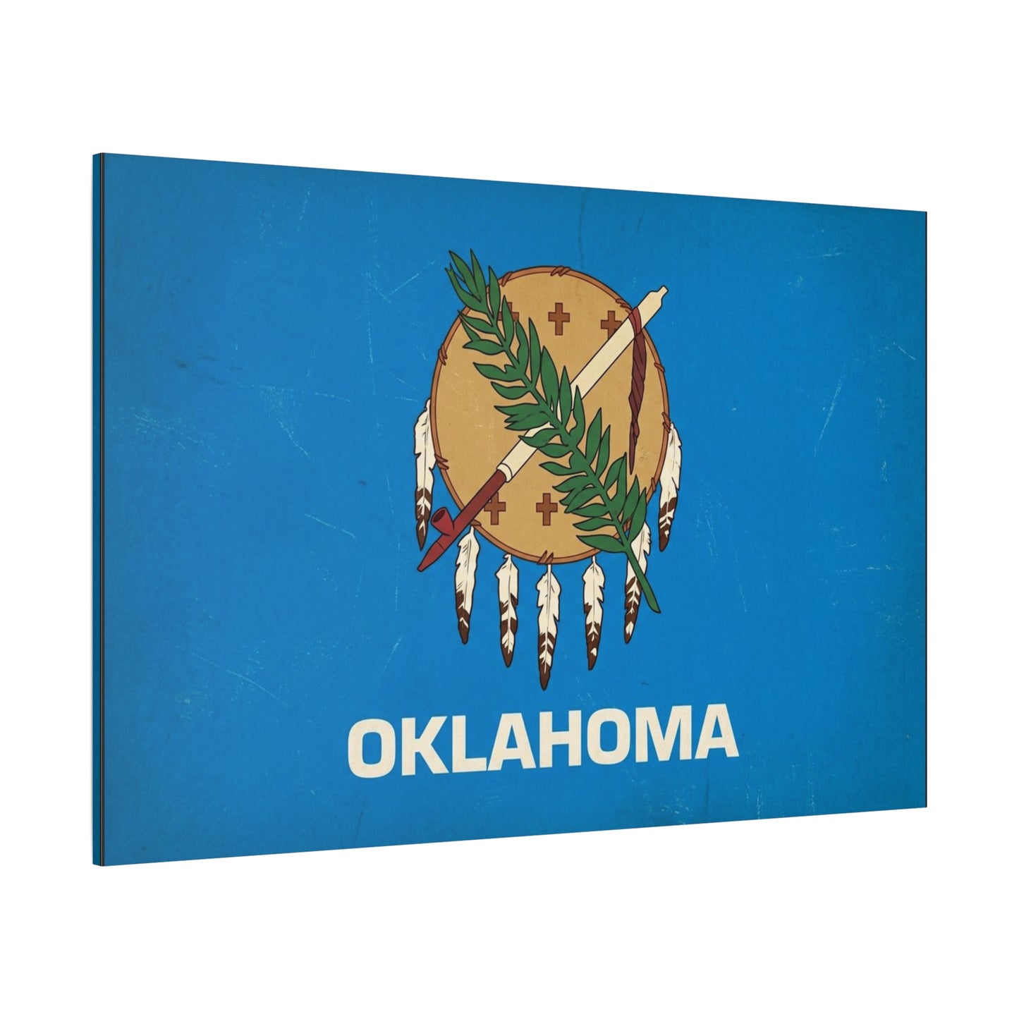 "OKLAHOMA" State Flag Canvas Wall Art - Vintage Blue Shield, Olive Branch And Peace Pipe Print - Rustic Americana Style - Living Room Decor, Office Wall Accent - Ready to Hang - Modern Farmhouse Style