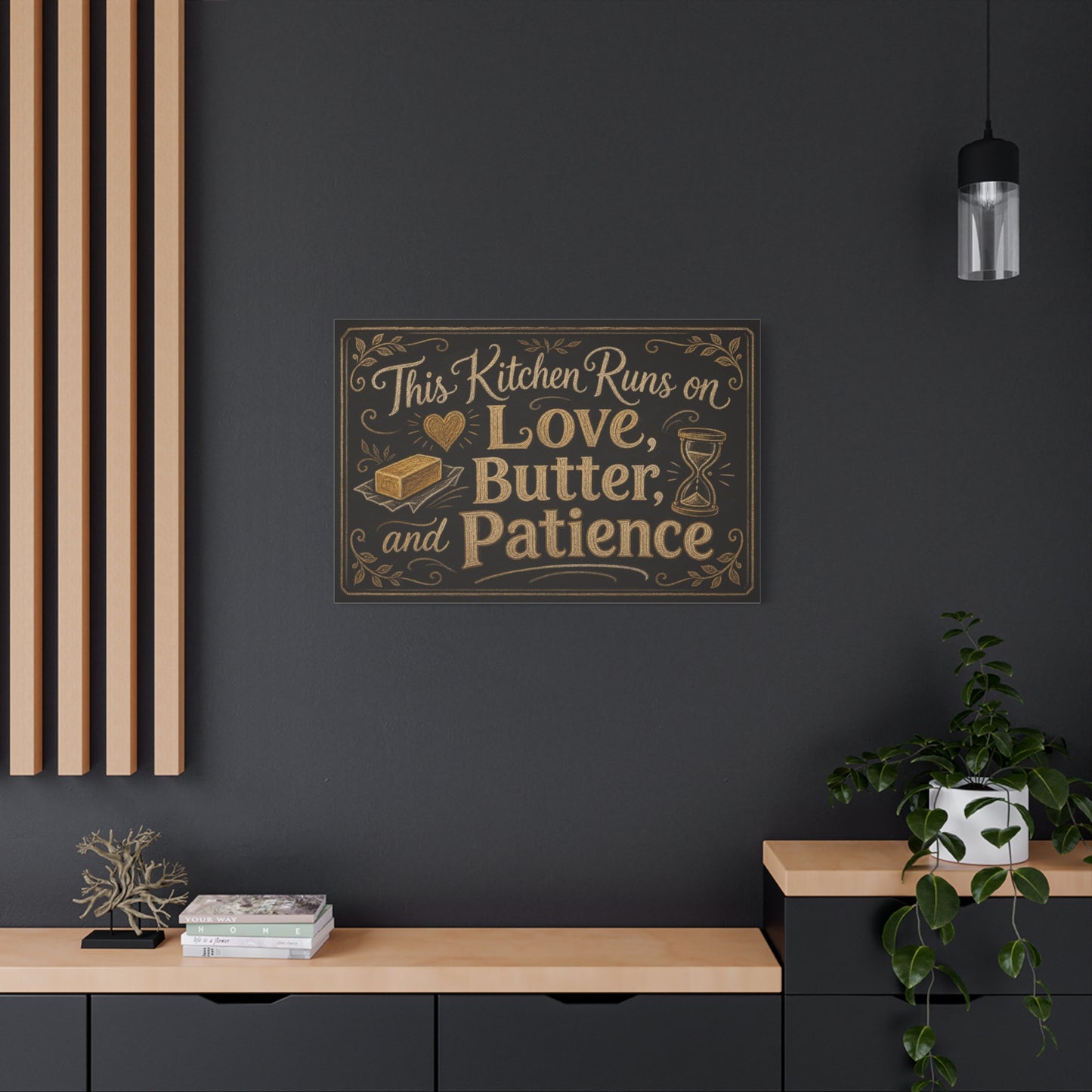 "This Kitchen Runs On Love, Butter, And Patience" Canvas Wall Art - Rustic Typography Kitchen Decor - Chalkboard Style Cotton Print - Ready to Hang