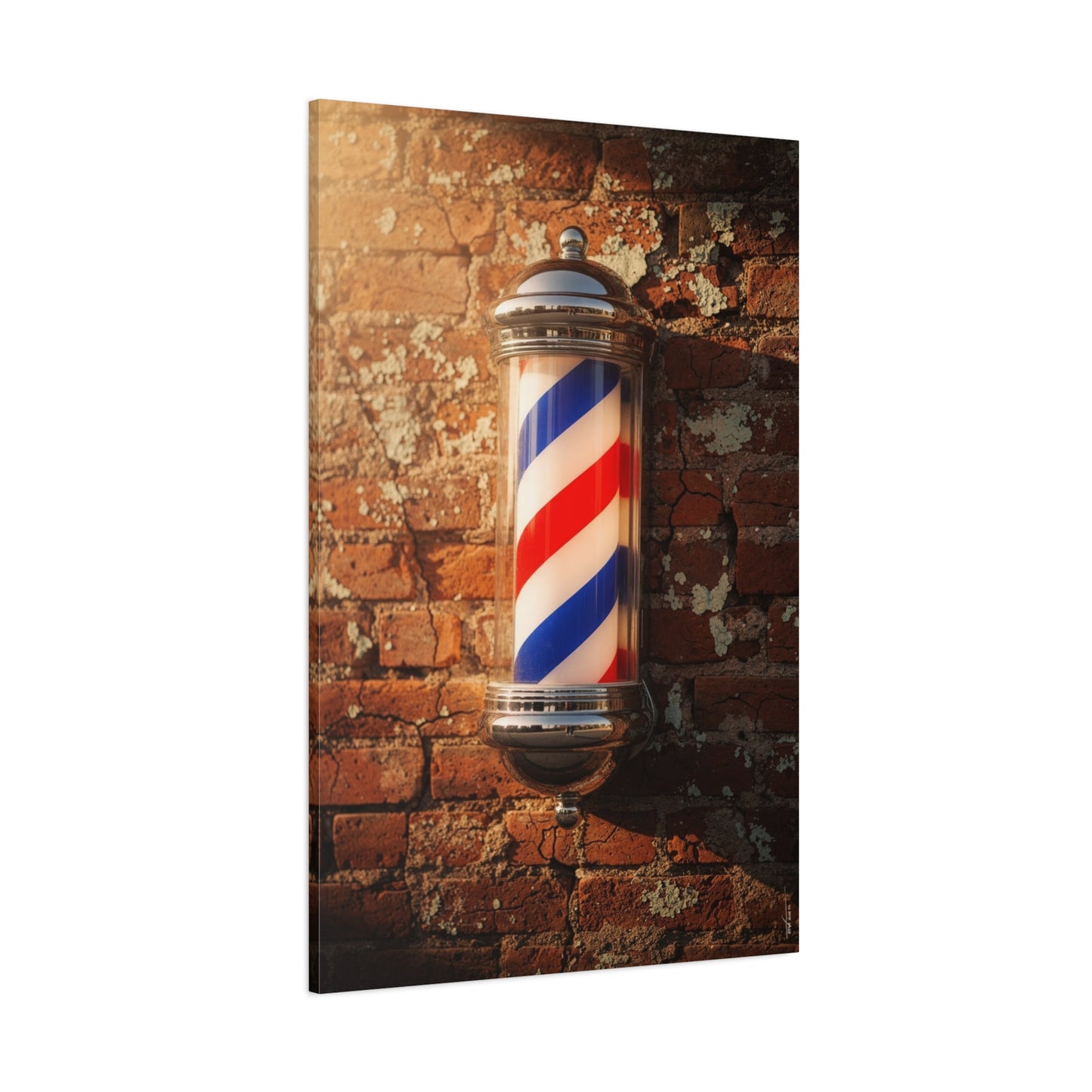 Vintage Barber Pole Canvas Wall Art - Rustic Brick Wall Art Print, Red Blue White Stripe Shop Decor - Matte Cotton Art Print - Barbershop Interior Accent, Lobby Workspace Styling - Ready to Hang